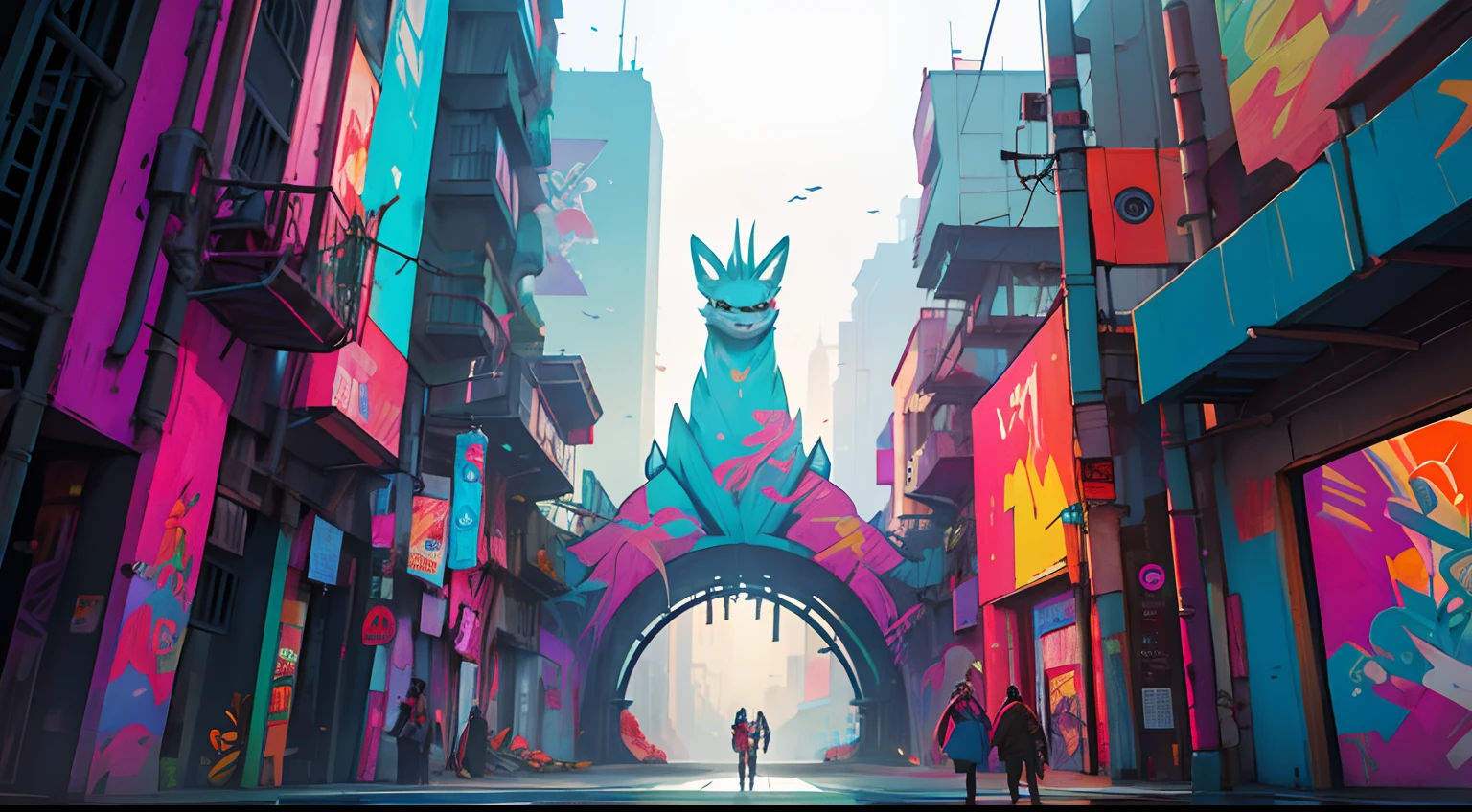 Trend illustration,in graffiti style,vibrant with colors,Great collection,Converge towards the center,urban buildings,Anthropomorphic animals,Wearing cyberpunk