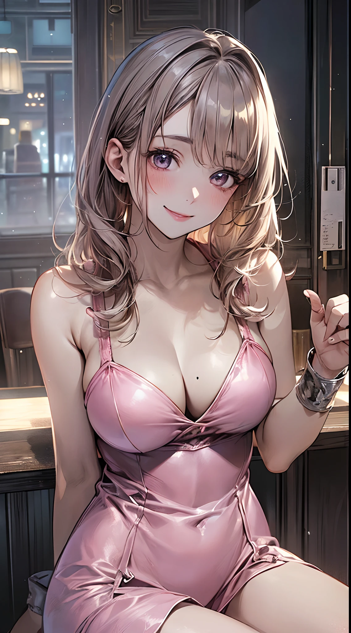 ((((, , perfect anatomy, super detailed skin)))), 1 girl, japanese, , white skin, shiny skin, large breasts:0.5, watching the view, (smile:1.5), 
beautiful detailed eyes, (middle hair:1.1, half up:1.5), , beautiful clavicle, babyface, , breast, mole under eye, 
((pink bunny girl)), 
(beautiful scenery), day time, , (Inside the barroom:1.5), ((sitting chair, drinking)),  
(8k, best quality, masterpiece​, ultra-detailed, ), (photorealistic), illustration, cinematic lighting,