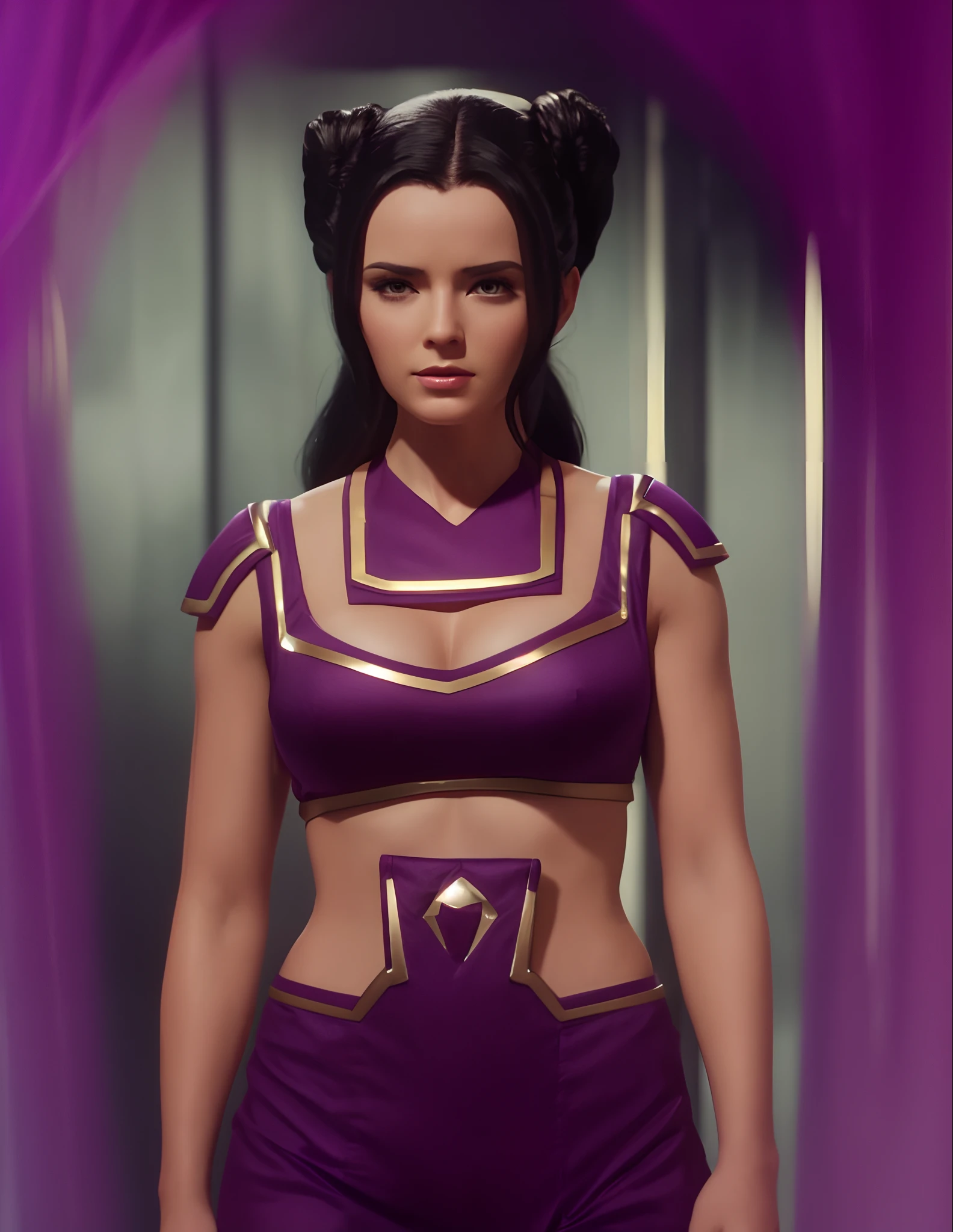 Young lithe bodacious seductive enthralling woman, pale skin, dark hair, curvaceous body, elaborately coiffed black hair with large side rolls, wearing purple genie bikini outfit, in star trek the original series, 4K, 8K, cinematic, hyper-sharp, hyper-realistic, hyper-detailed, symmetrical, "100% anatomically correct", octane render