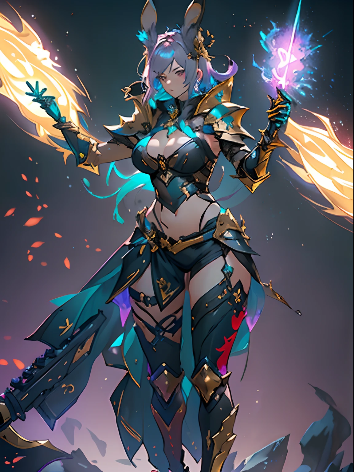Design a layout showcase Gaming character, ((1girl)), assasin:1.4, Golden+Purple clothes, (big_boobs, big_ass), Black_Desert_style, stylish and unique, ((showcase weapon:1.4)), magic staff, (masterpiece:1.2), (best quality), 4k, ultra-detailed, (Step by step design, layout art:1.5), (luminous lighting, atmospheric lighting), Final Fantasy style, magican, ((glove full hands)), fran, viera, (((revealing clothes:1.3))), vambraces, armored legwear, (((full_body_shot:1.4))), Niji, back_view, T_pose, levitating, hovering