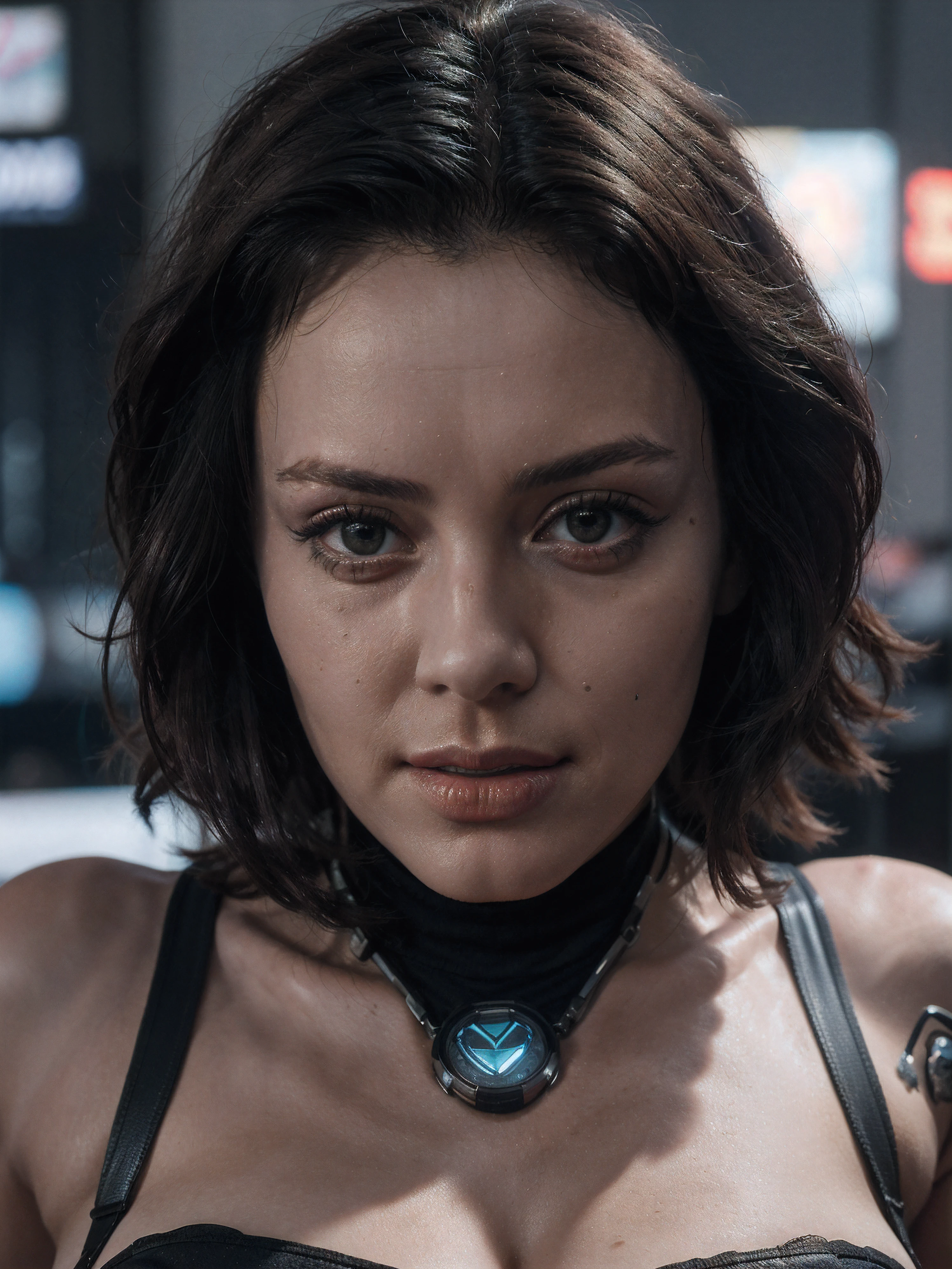 Marilyn monroe famous actress in a cyberpunk 2077 video game world and her body is half cyborg and she looking at the camera with out any feelings in her face uhd 4k good quality faces detailed faces