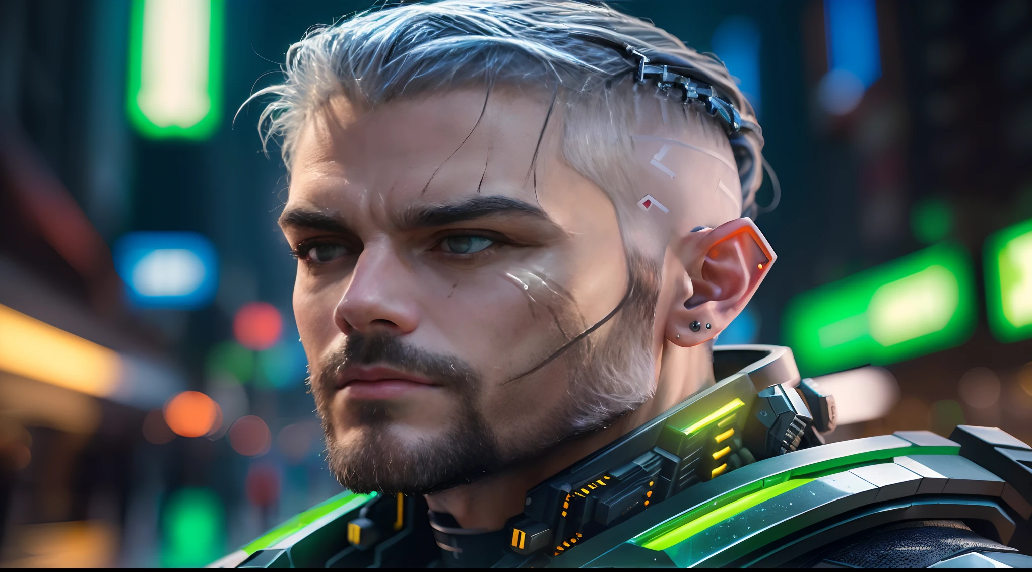 masterpiece, best quality, high resolution, closeup portrait, male focus, solo focus, muscular, burly, hairy, male, (no shirt: 1.2), A handsome man, white and blue gradient hair, in a cyberpunk city, neon lights, blurred background, scruffy face, arrogant smirk, amazing composition, front view, HDR, volumetric lighting, ultra quality, elegant, highly detailed