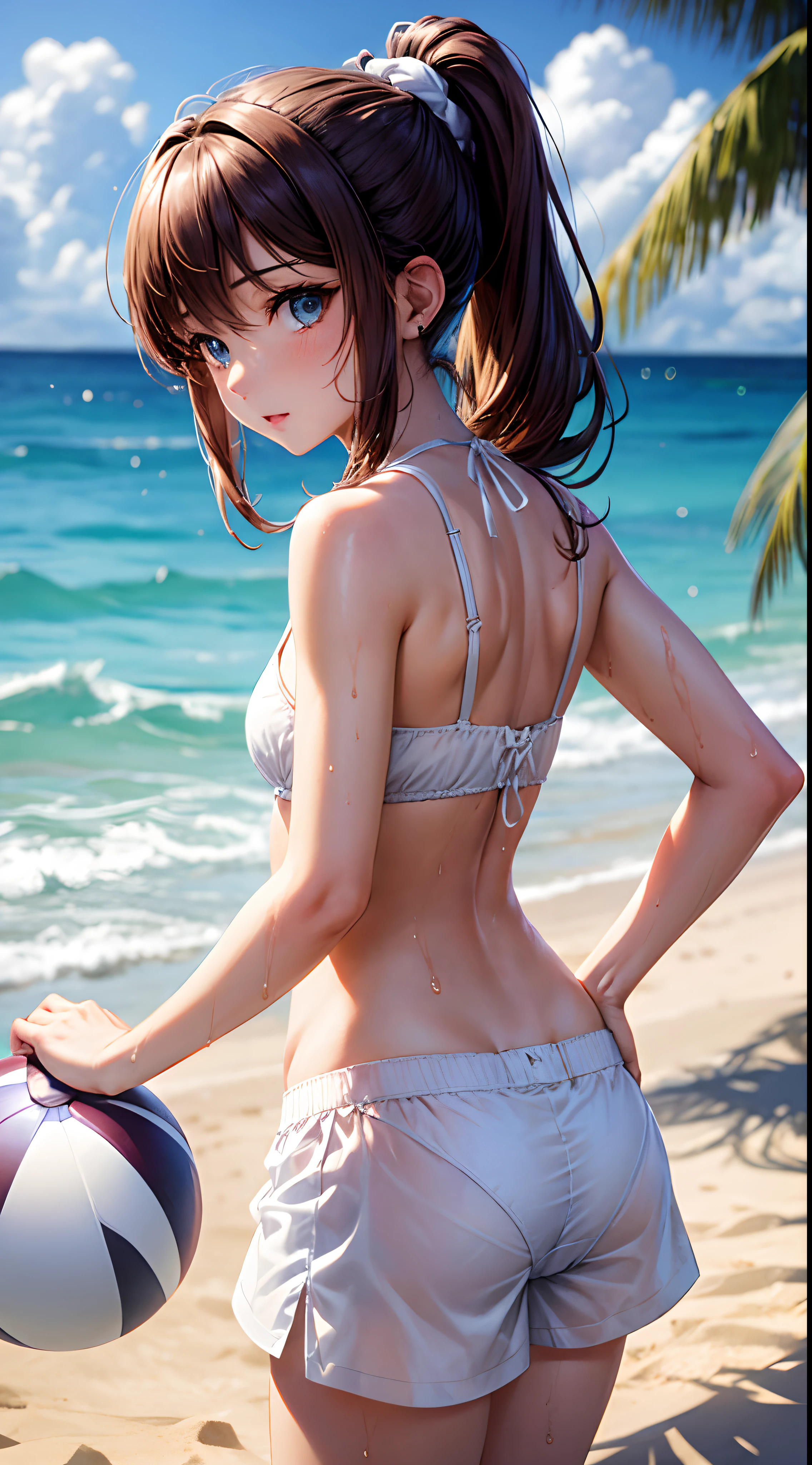 femele,１2 years old,Brown hair,maikurobikini,(((White boxer shorts))),Beautiful ponytail,Blue eyes,Hair fastening to bangs,Wet with water,Look back、sand beach,