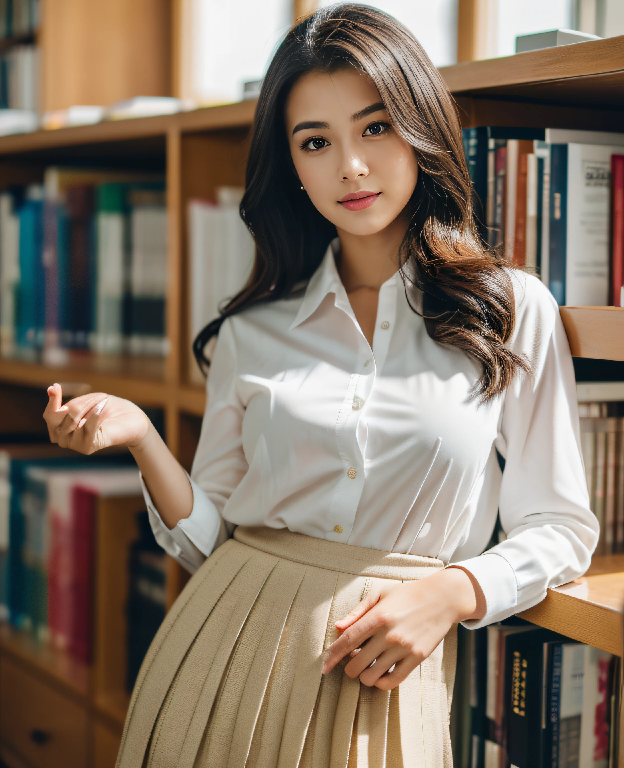 Masterpiece, highest quality, super high resolution, (Photorealistic: 1.4), beautiful lighting, RAW photo, 8k UHD, super detailed face, beautiful woman, ((wearing white shirt) and black pleated skirt)), Library, shot from the waist up, indoors,