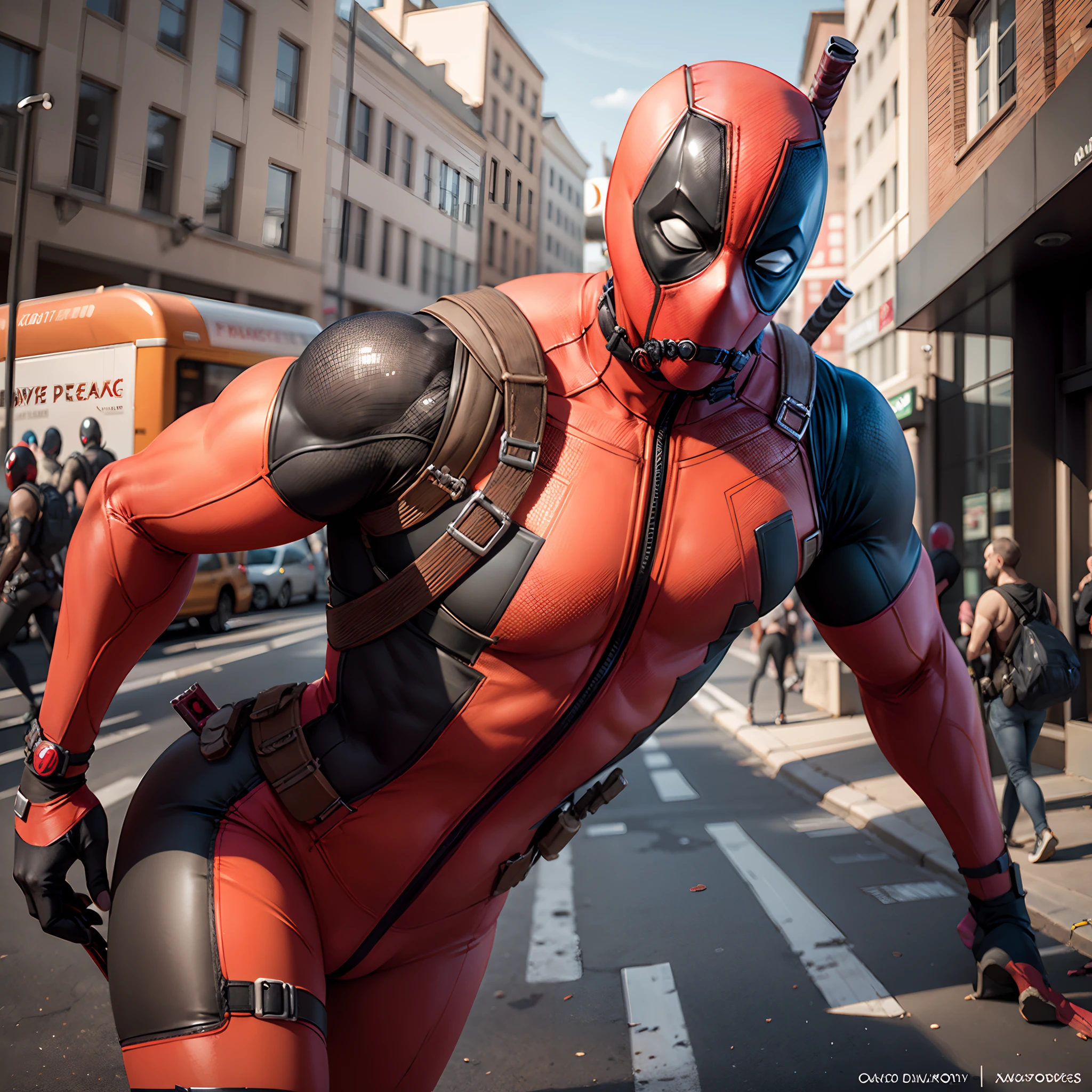 (photorealism:1.2), A cinematic, hyperrealistic digital painting of a merged Harley Quinn and Deadpool character, wielding a mallet in one hand and a katana in the other. The character has a split personality, with one side featuring Harley's iconic jester costume and the other side sporting Deadpool's signature red and black suit. The background is a chaotic blend of Gotham City and the Marvel Universe, with a giant mirror reflecting the character's duality. Use dramatic lighting and a dynamic pose to convey the character's insane energy.