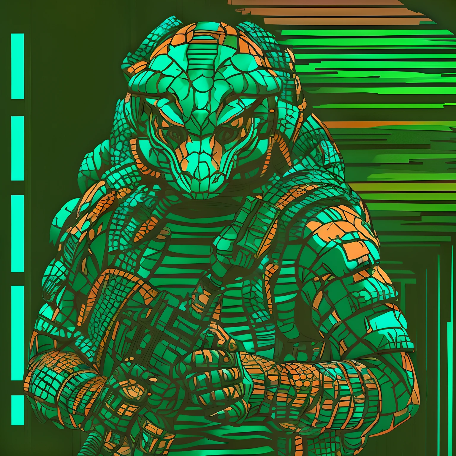 Reptilian humanoid in tactical gear retro synthwave styling