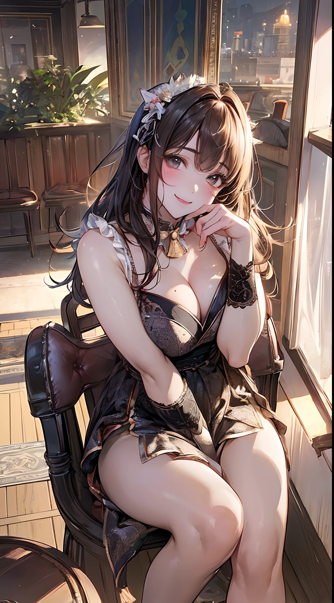 ((((, , perfect anatomy, super detailed skin)))), 1 girl, japanese, 14 years old, white skin, shiny skin, large breasts:0.5, watching the view, (smile:1.5),
beautiful detailed eyes, (middle hair:1.1, half up:1.5), , beautiful clavicle, babyface, , breast, mole under eye, perfect hand, detailed finger,
((bunny girl)),
(beautiful scenery), day time, , (Inside the barroom:1.5), ((sitting chair, drinking)),
(8k, best quality, masterpiece, ultra-detailed, ), (photorealistic), illustration, cinematic lighting,