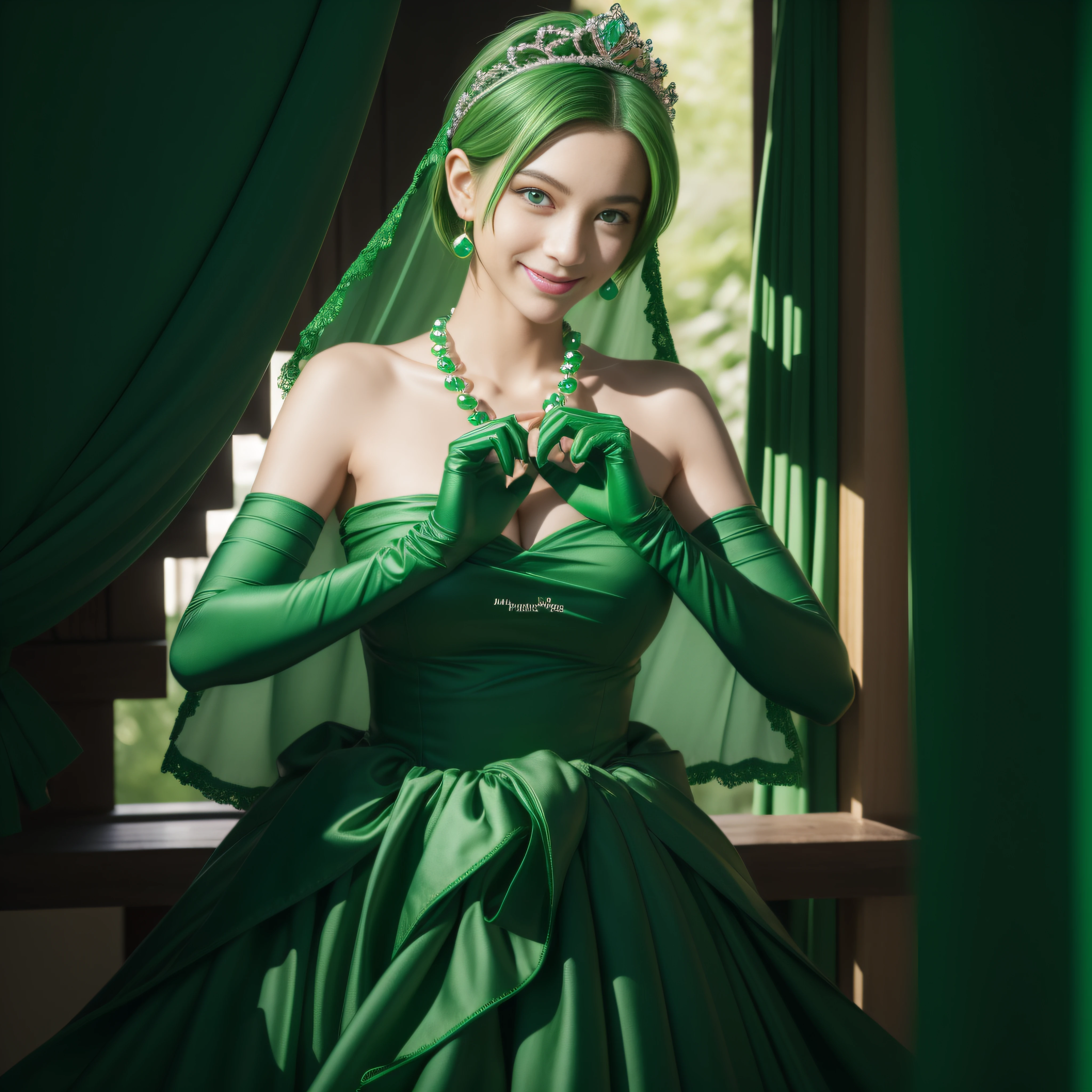 (masterpiece、top-quality:1.2)、(tsurime eyes:1.2)、Tsurime、masterpiece, emerald tiara, Green Pearl Necklace, Boyish very short green hair, lipsticks, Japan woman smiling, very short short hair, big breasts beautiful, Green eyes, Long green gloves made of satin material, Green eyes, Emerald Earrings, green vale, Heart with both hands,Green hair