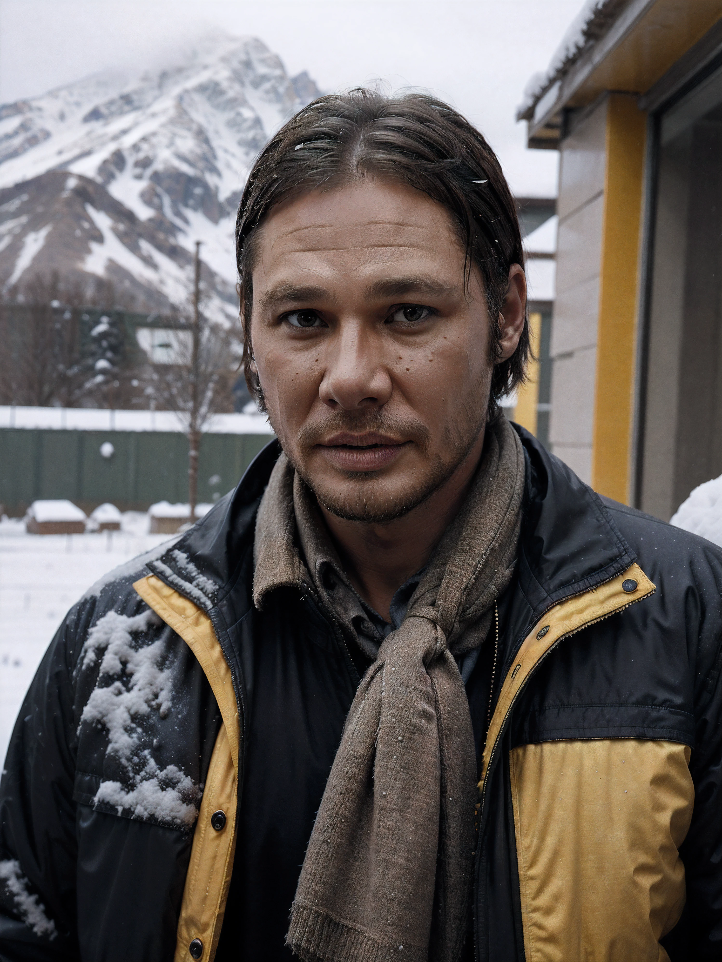 male,close up,Tom Hardy,(Harrison Ford:1.1),(Brad Pitt:1.1),(yellow winter jacket:1.1),(covered in snow:0.8),winter mountains on the background,snow blizzard,precipitation