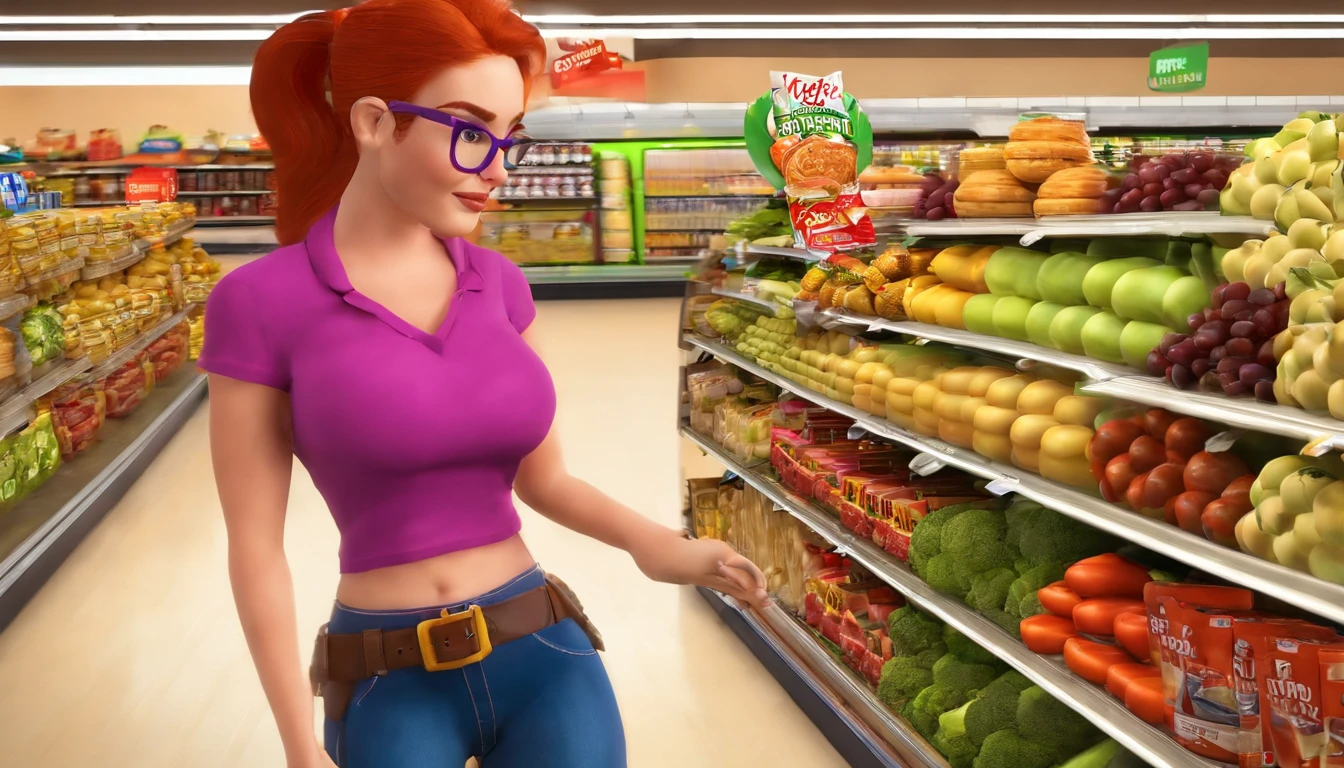 Allison confidently promotes the snacks in the grocery store, wearing a pink crop top, ponytail, blue jeans, and hiking boots. Her vibrant red hair and glasses add to her unique appearance. Allison, a 24-year-old American from Corpus Christi, Texas, stands out in the grocery store as she showcases the snacks. With her slim, buxom figure, red hair, and glasses, she exudes confidence and charm. In the grocery store, Allison catches the attention of shoppers with her striking appearance. Wearing a pink crop top, blue jeans, and hiking boots, she confidently promotes the snacks. Her red hair, glasses, and slim, buxom figure make her stand out.