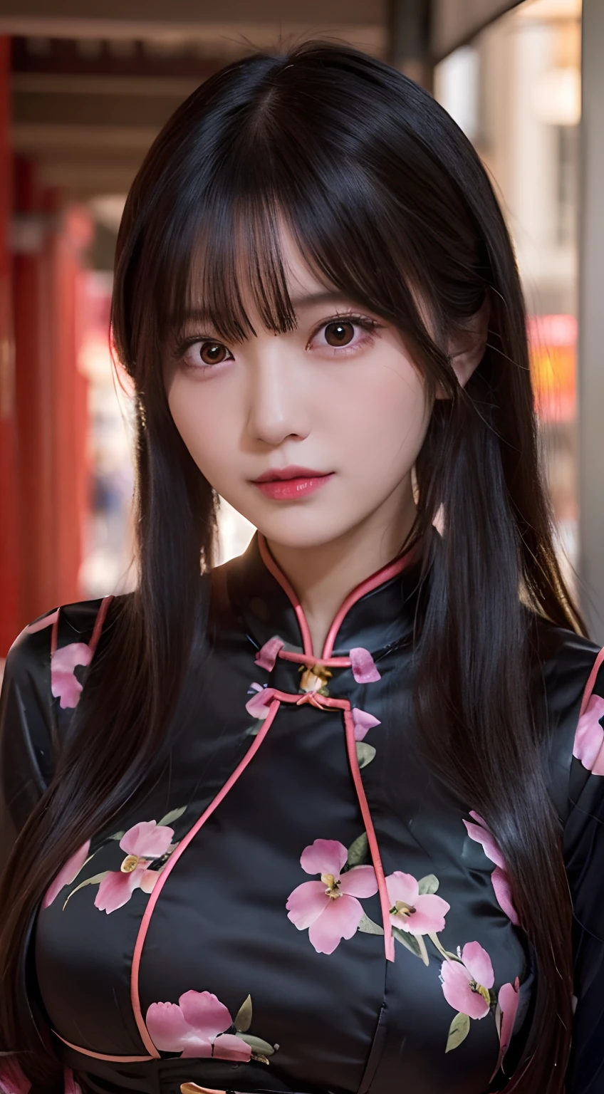 top-quality,8K,​masterpiece:1.3),(超A high resolution,Photorealsitic:1.4,RAW shooting),(ultra-detailliert,Caustics,perfect anatomia),(hyper detailed background,Ultra-realistic capture,beautifully detailed eyes),(Scramble crossing in Shibuya:1.1),(Red cheongsam),sexy  pose,,japanes,20yr old,kawaii,pretty black hair,large boob,Staring at this,Naughty look, natta,Dynamic lighting,