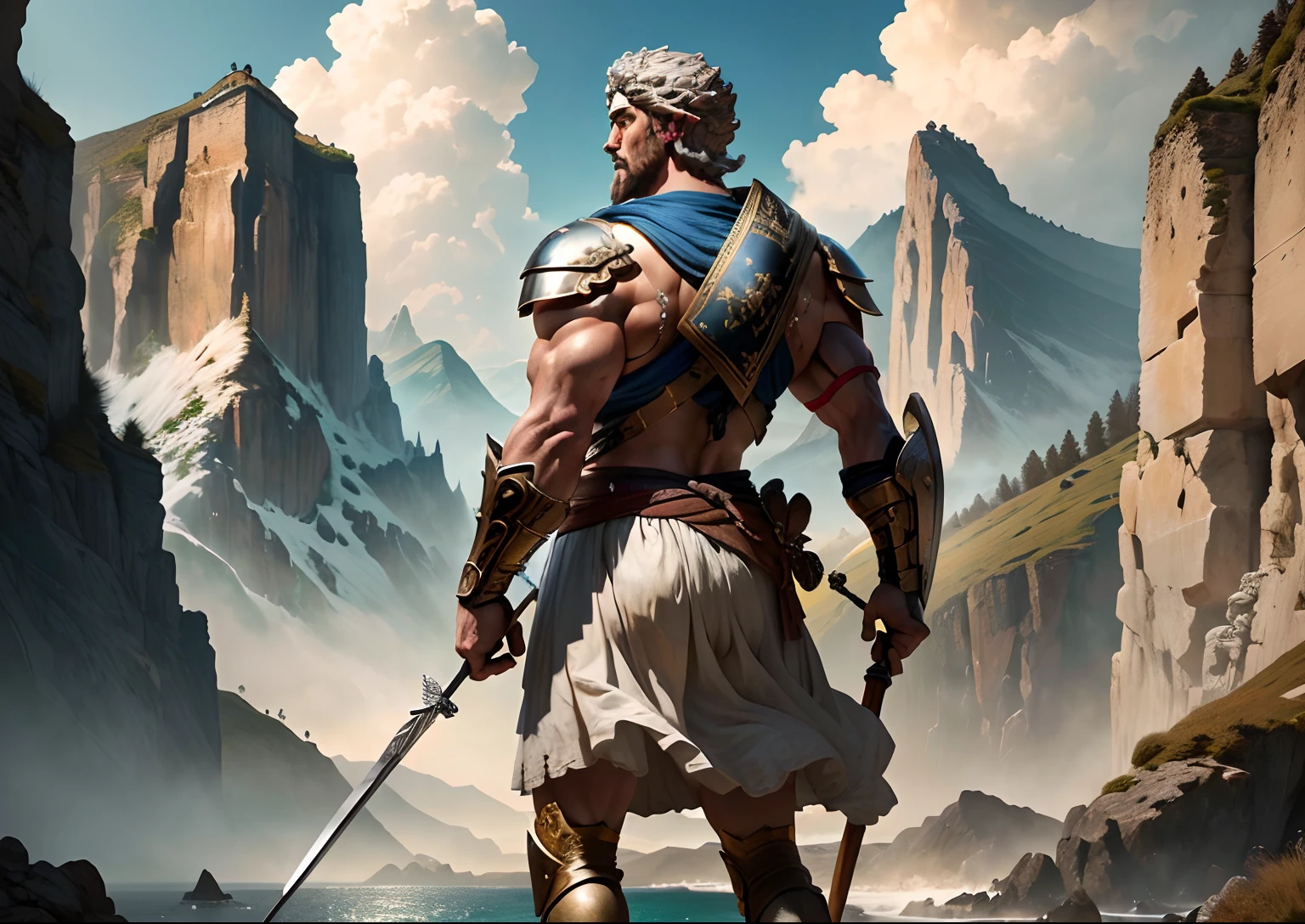 realistic image: Marcus Aurelius muscular and strong, imagem de corpo inteiro, Image with an epic landscape, semelhante a um guerreiro medieval, Face of the statue of Marcus Aurelius, semelhante a imagem realista, de corpo inteiro, musculoso e forte, Epic colors, aparentando musculos definidos, The focus of the image from behind, 8k, cinematografic.