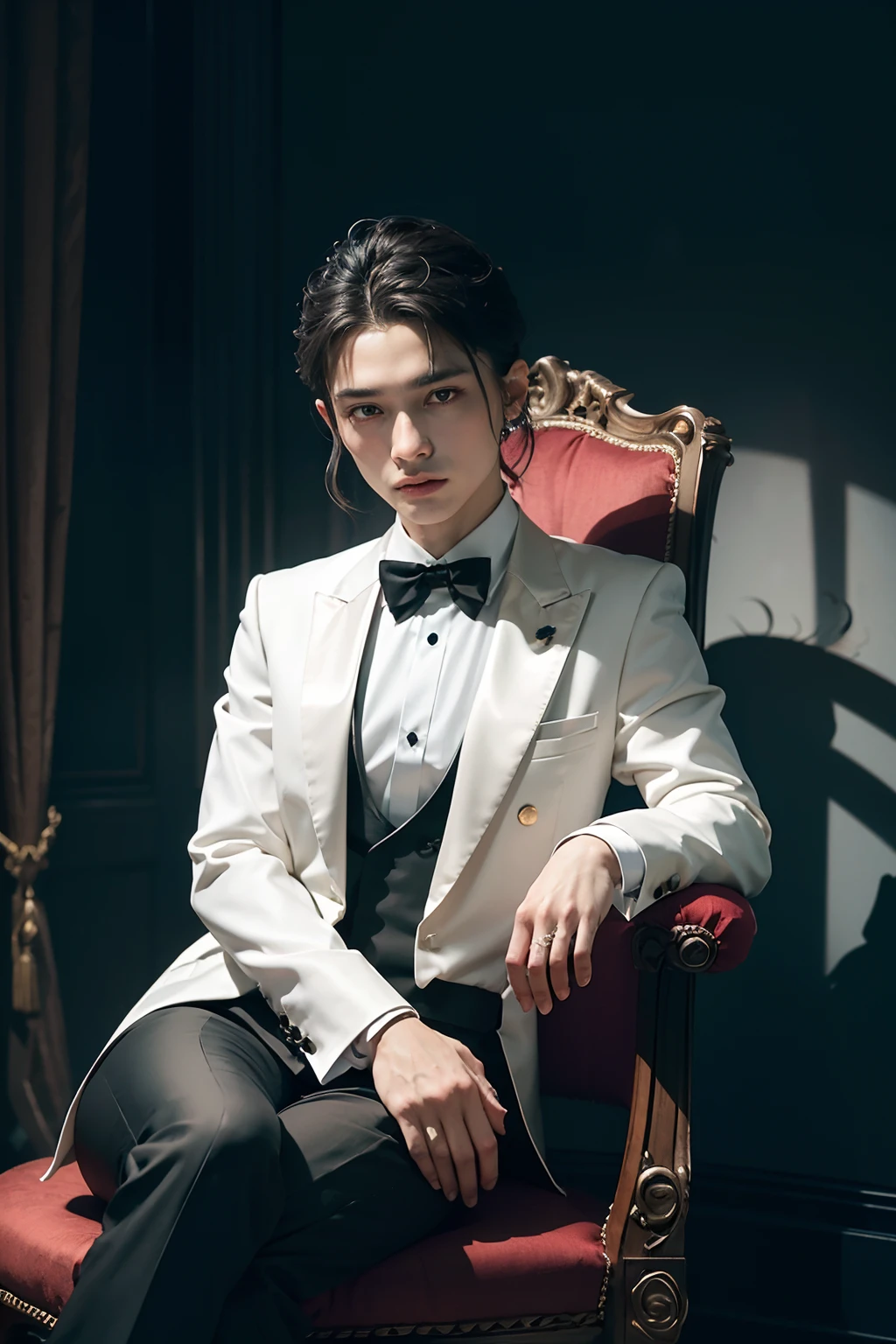 "(exquisitely detailed CG unity 8k wallpaper, masterpiece-quality with stunning realism), (best illumination, best shadow), (best quality), (elegant and demonic style:1.2), sitting elegantly upon an intricately carved chair, wearing a (sleek white tuxedo:1.2), (piercing black eyes+short black hair:0.8), surrounded by an ominous and dark atmosphere, accentuated by dramatic and striking lighting, imbued with a sense of surreal fantasy".