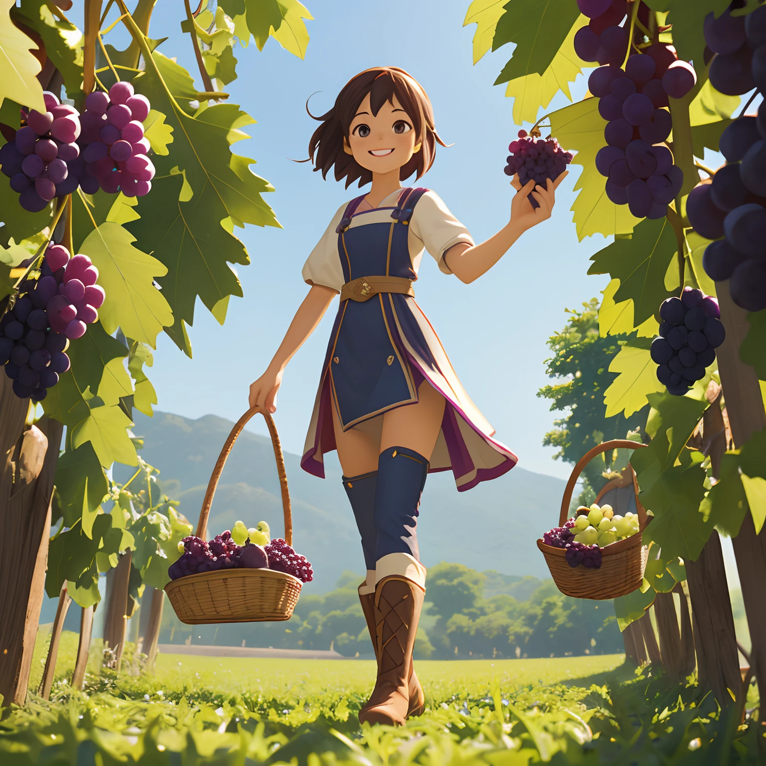 Octane Render、(Hyper-detailing: 1.15)、(Soft light、sharp: 1.2)、morning、Harvesting grapes, Enjoy grape picking、full body Esbian、Distinctive ethnic hair ornaments、Farm Boots、 Fuji Film, F/4.0, masutepiece, Anatomically correct、A smile, radiant light