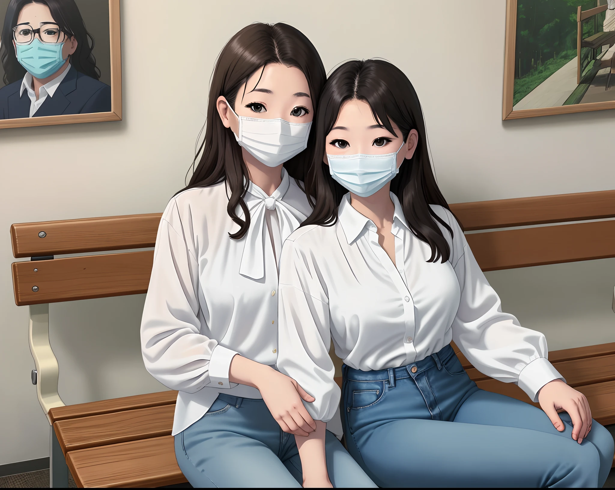araffed woman wearing a face mask sitting on a bench, a picture by Yasutomo Oka, instagram, sōsaku hanga, wearing translucent sheet, white blouse, wearing a blouse, long shirt, wearing a white blouse, white shirt and jeans, wearing white silk, white shirt, clothed in white shirt, wearing a light shirt, wearing white shirt