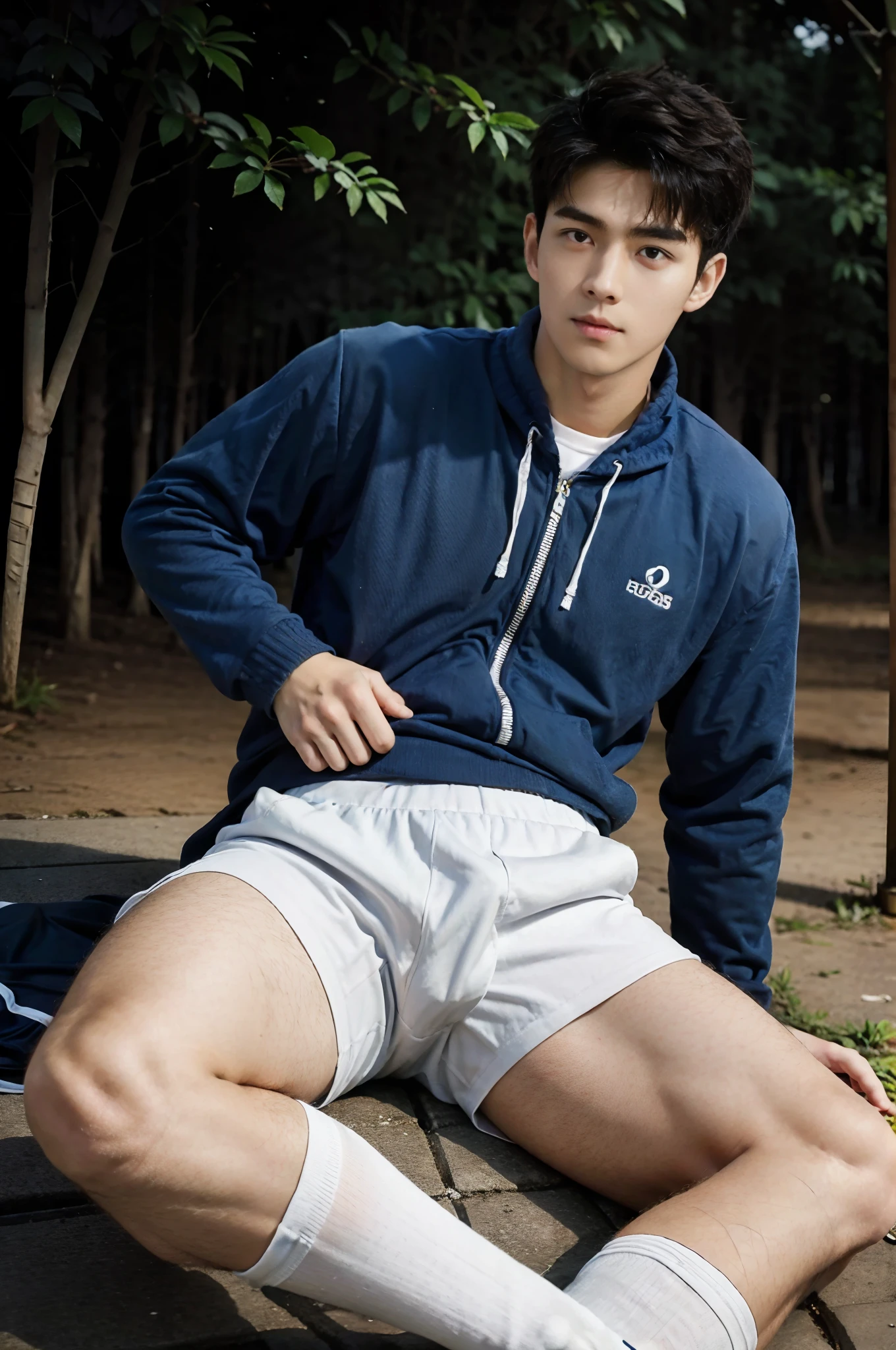 1 male high school student,16-,Comely,Handsome,Park trees,Play badminton,musculous,hairy bodies,athletic sneakers,White socks,Blue tracksuit(Detailed eyes:1.3),Black eyes,full bodyesbian,
