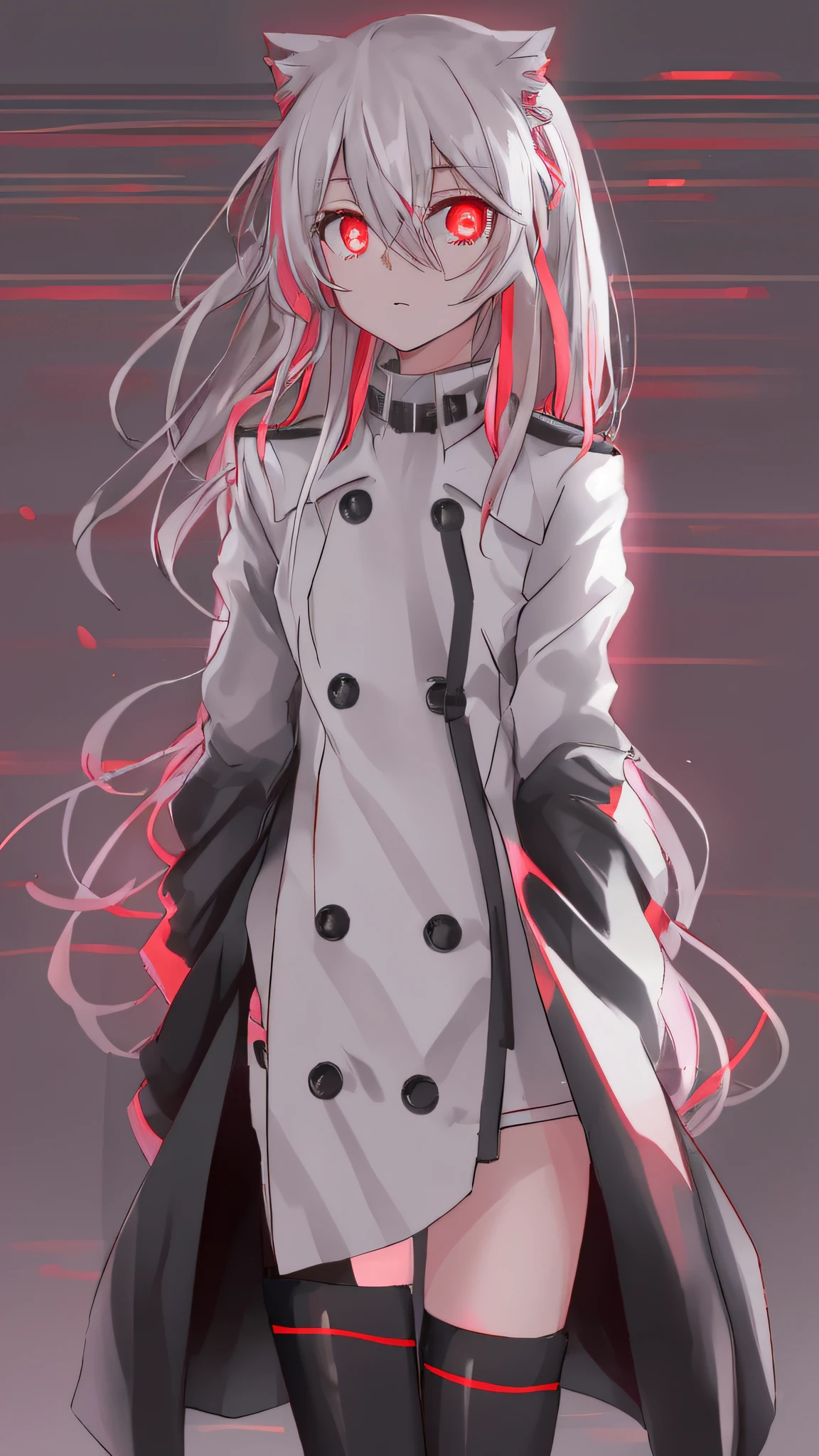 Anime shoujo，tmasterpiece，solo person，Black trench coat，Black knee-length socks，Red glowing eyes，whaite hair，flatchest，with hands behind her back，high - tech