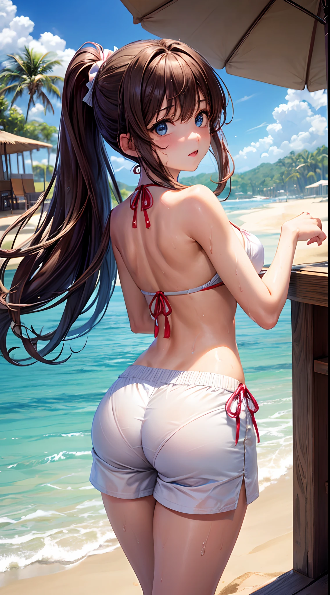 femele,１2 years old,Brown hair,(((maikurobikini))),(((White shorts))),Beautiful ponytail,Blue eyes,Hair fastening to bangs,Wet with water,Look back、sand beach,