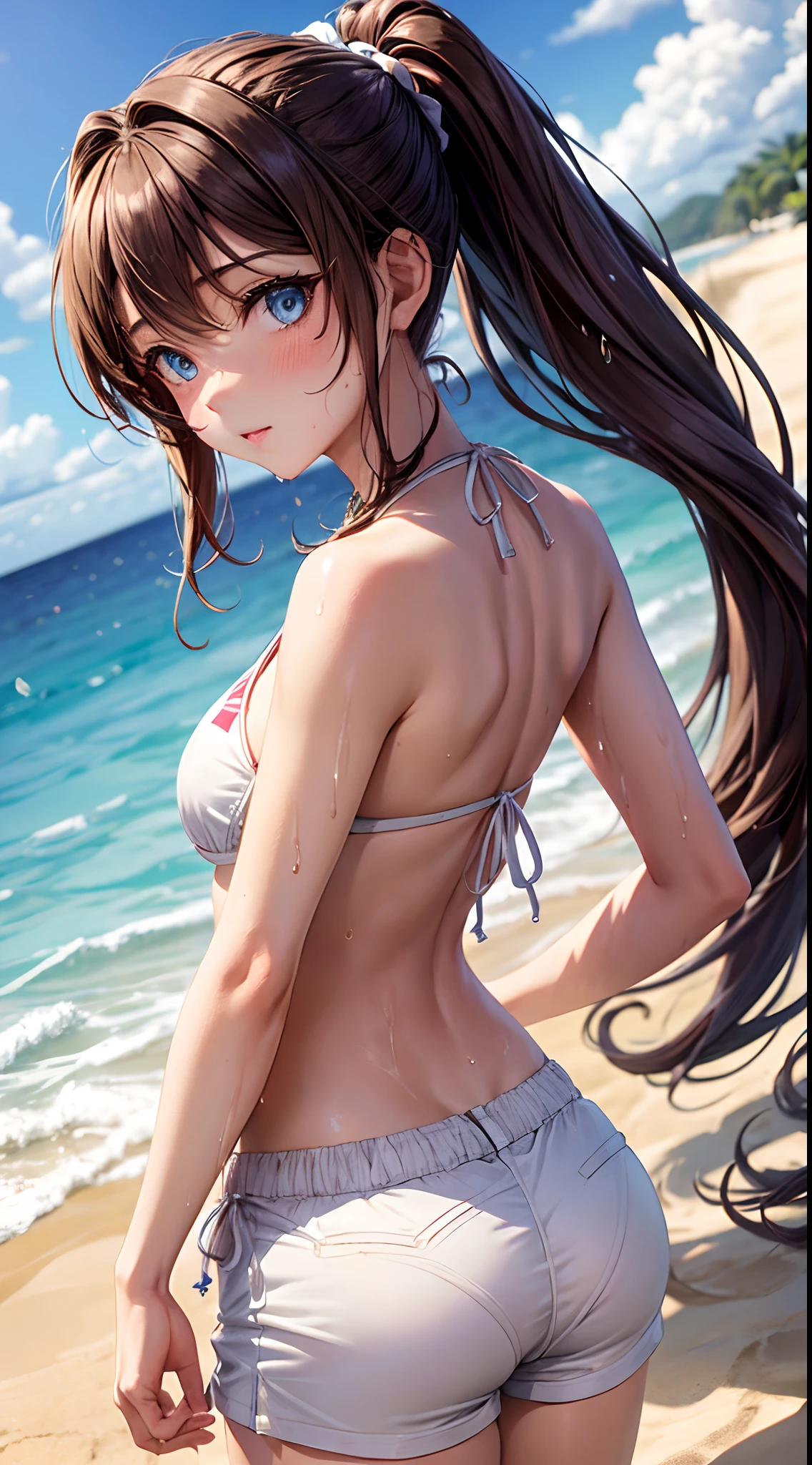 femele,12 years old,Brown hair,(((maikurobikini))),(((White shorts))),Beautiful ponytail,Blue eyes,Hair fastening to bangs,Wet with water,Look back、sand beach,