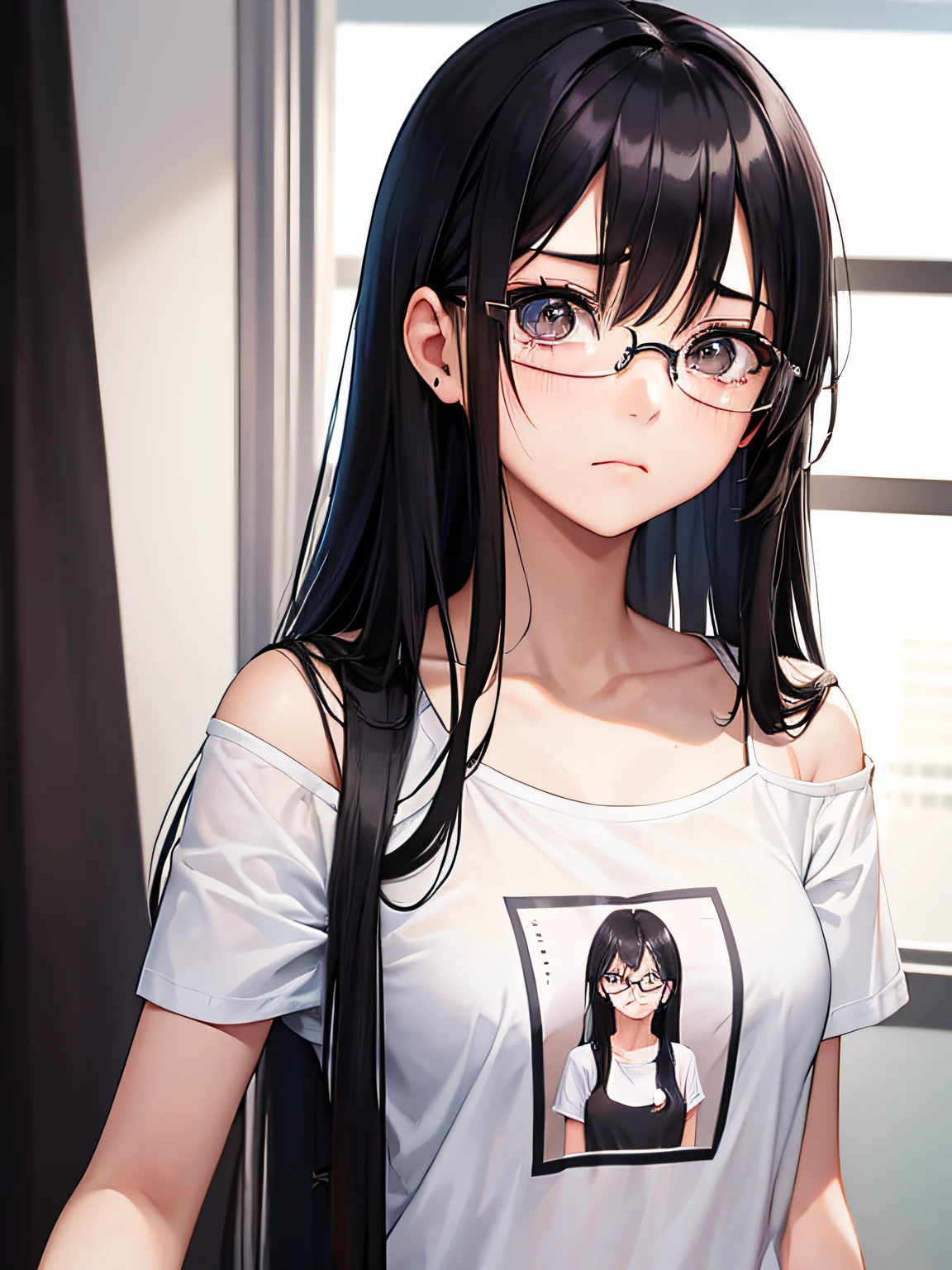 20 year old girl with long black hair wearing glasses、Sad and crying、Looking at the camera、Wearing a one-shoulder T-shirt、Being in the room