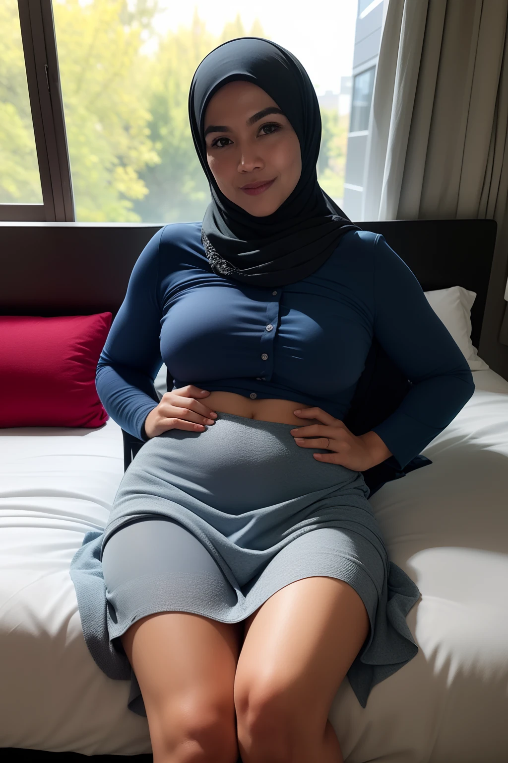 NSFW, Mature woman with young boy,((38 years old)), having sex, small breasts, big hips, black hijab, beautiful, Masterpiece: 1.3, naked, Masterpiece, soft smile, naughty, full body