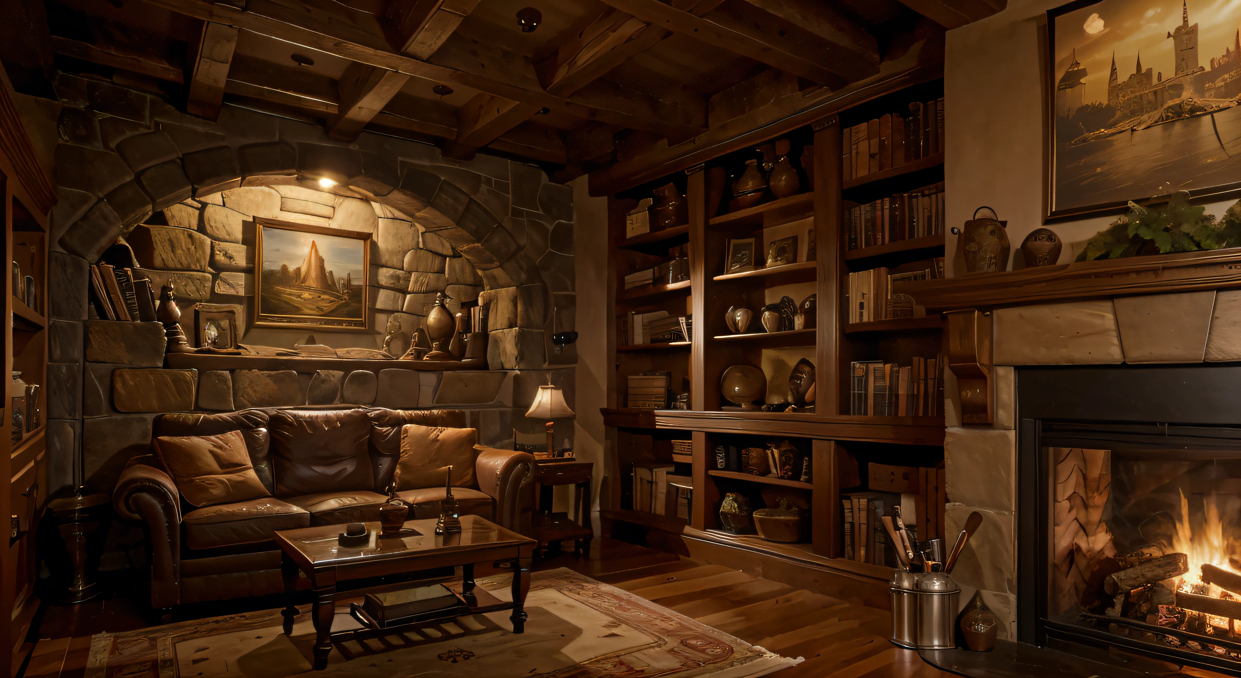 a cozy castle room, with a cozy bookshelf, coffee can and cups over the table, with a side fireplace, just one fireplace