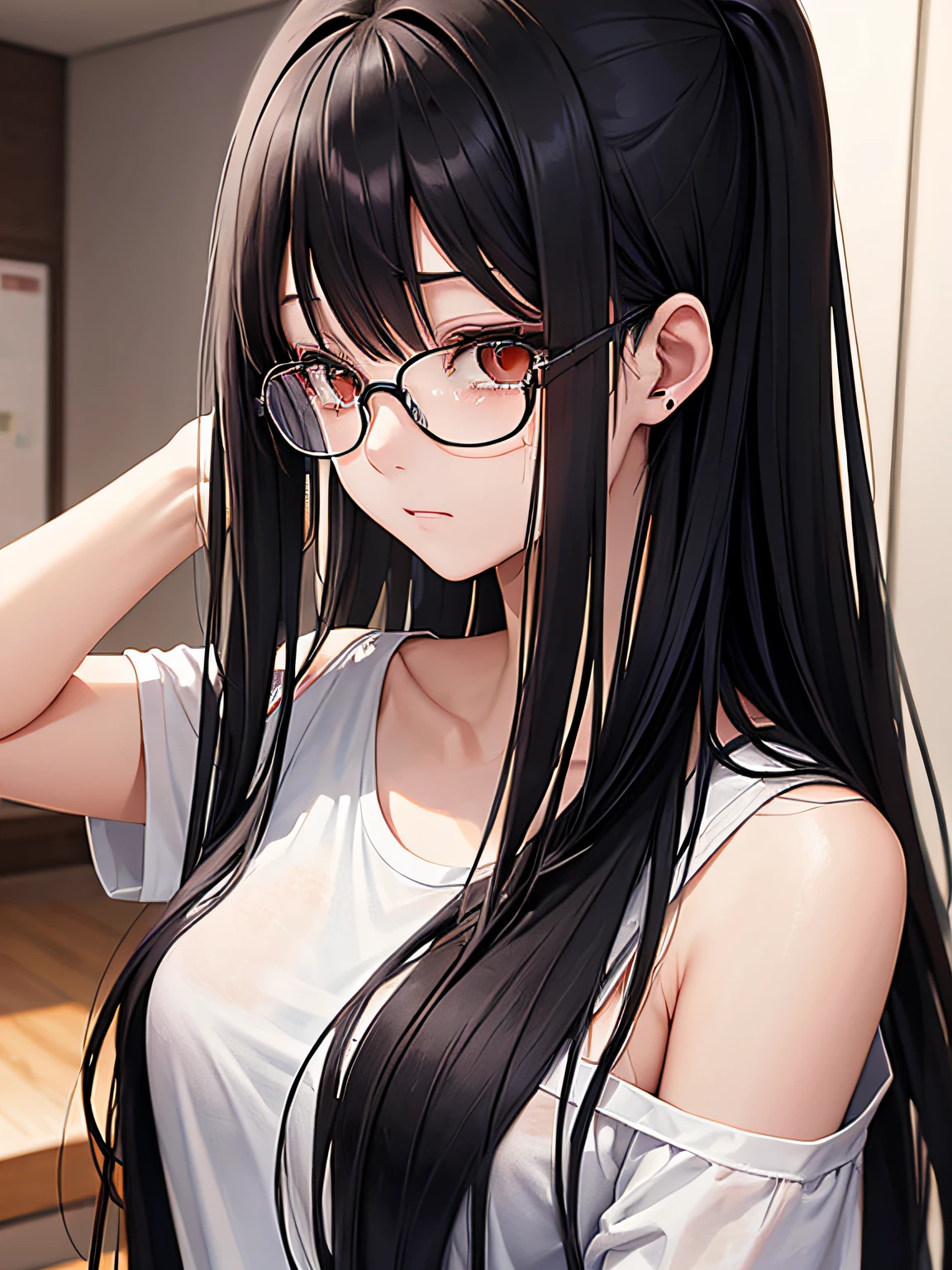 nsfw, Masterpiece, top quality, highly detailed, Beautiful mature girl wearing black frame glasses, long pink  hair ponytail with bangs,Black  uniform with red trim, red tie and thigh-high black stockings