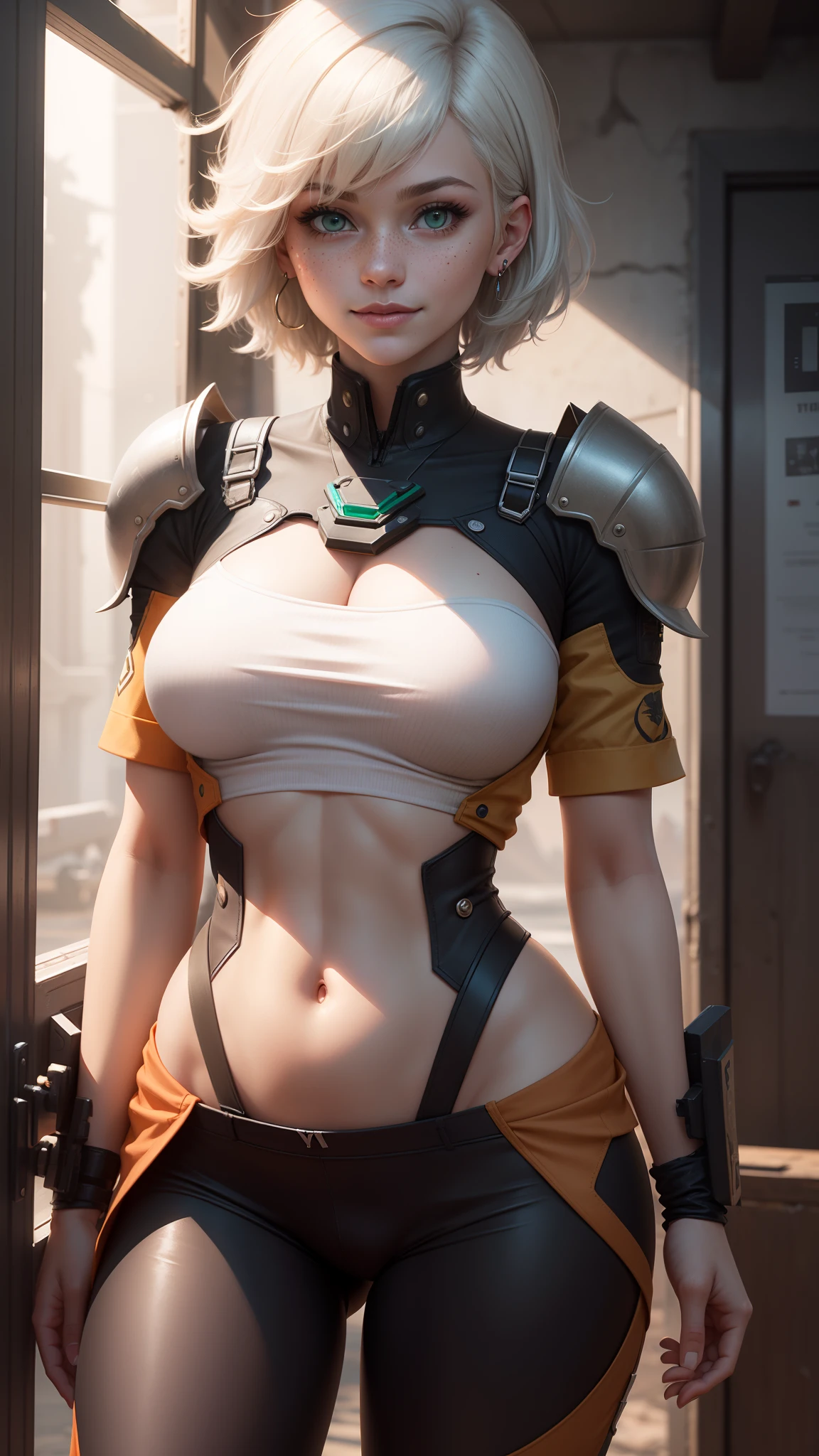 gwen tennyson,y'shtola rhul,tracer,yorha 2b,1girl,atelier ryza,overwatch,close up,mecha pilot,mountain valley,tattoos, red and orange plugsuit,white short sleeve silk top,light gray cargo pants, uncovered belly,short hair,cute makeup, green eyes,dimensional golden hair,shy smile,freckles,beautiful girl,large breasts, ultra detailed,realistic,fantasy art,saiyan armor,cyborg armor,steel armor,valley road,military uniform,ear piercings,hair pin,saiyan girl,saiyan female,