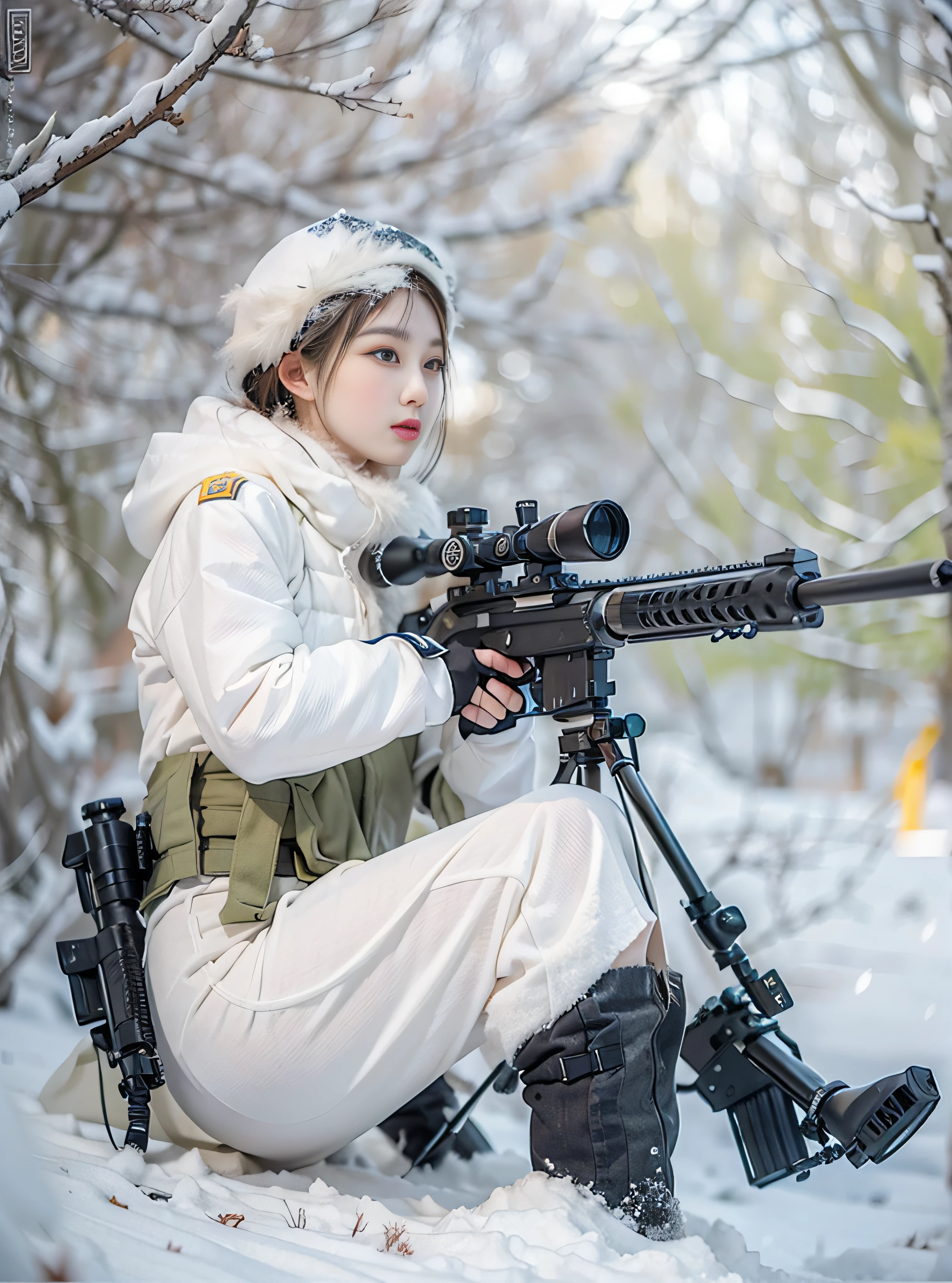 Beautiful woman aiming sniper rifle at snow-white military uniform