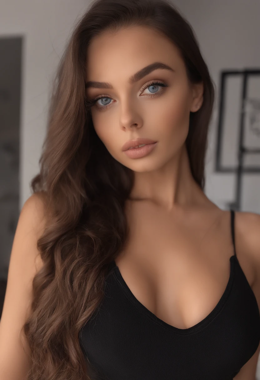 arafed woman with no top and panties, sexy girl with blue eyes, portrait sophie mudd, brown hair and large eyes, selfie of a young woman, bedroom eyes, violet myers, without makeup, natural makeup, looking directly at the camera, face with artgram, subtle makeup, stunning full body shot, cleavage, at the mall, close up of face