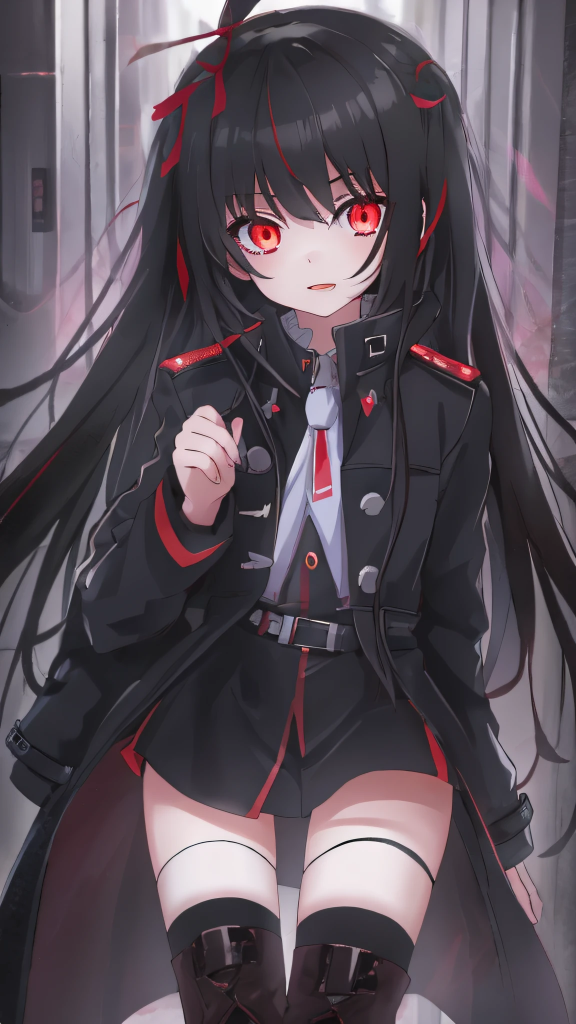 Anime shoujo，tmasterpiece，solo person，Black trench coat，Black knee-length socks，Red glowing eyes，whaite hair，flatchest，with hands behind her back，high - tech