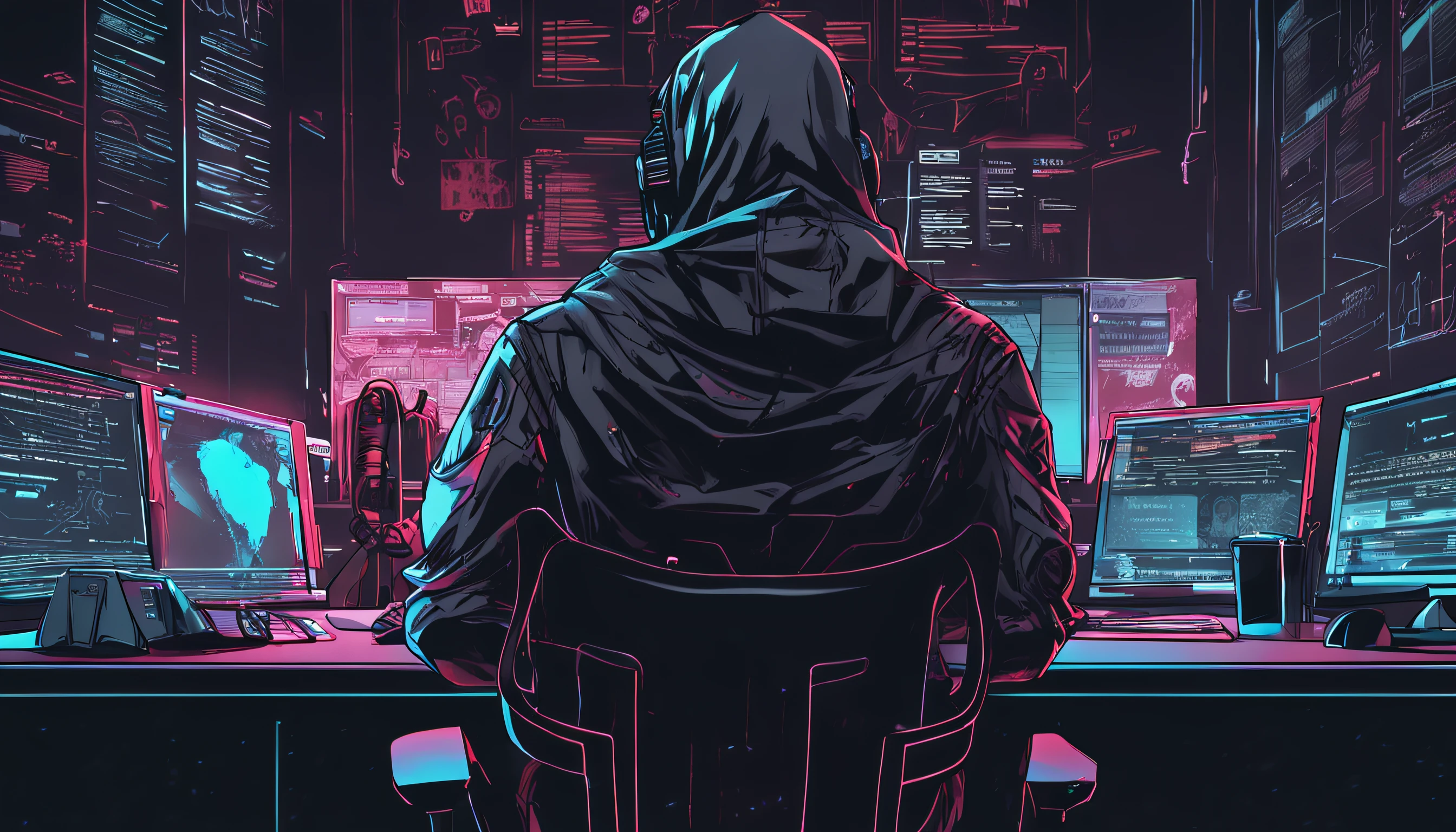 (masutepiece, of the highest quality, Best Quality, Official art, Beautiful and aesthetic:1.2),(Cyberpunk:1.4) Hacker boy with his mouth covered with a black mask and a hacker logo on the left of the mask, ( in front he has his desk , on top of it the PC monitor on the left, ) ( his hands relaxing over the desk) shadow on his face hidding it and making more mysterious, stack of 100 dollar bills at the back