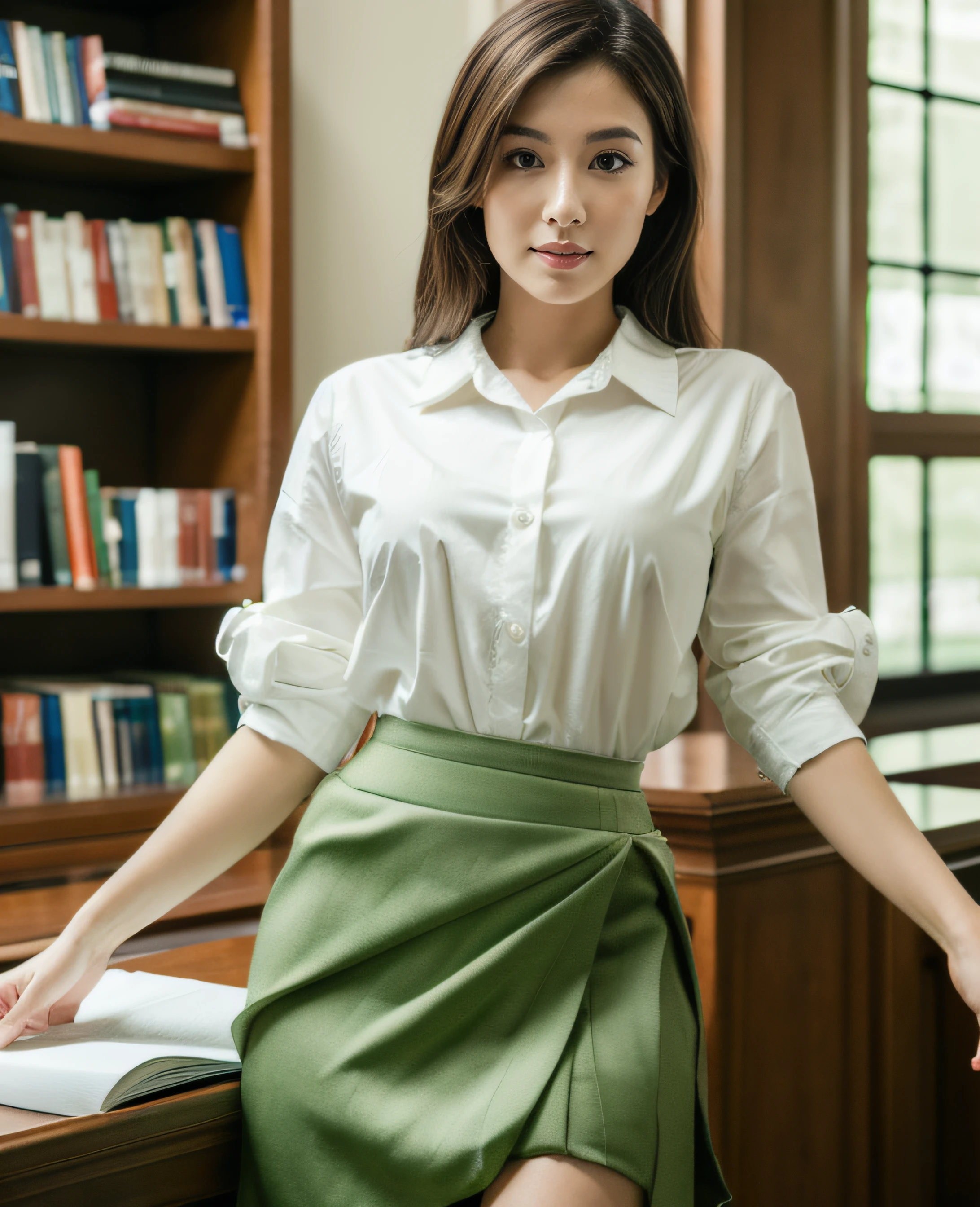 Masterpiece, Top Quality, Ultra High Resolution, (Photorealistic: 1.4), Beautiful Lighting, RAW Photo, 8k UHD, Super Detailed Face, Beautiful Woman, ((wears white shirt) and long dark green pleated skirt)), Library , waist shot, indoor,