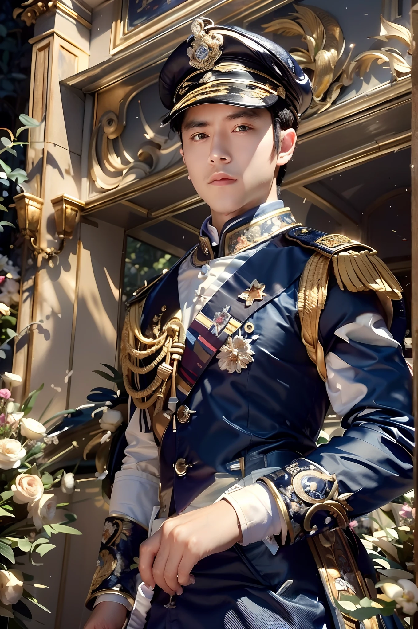 hdr,hyper HD,8K, Best quality, Masterpiece, Highly detailed, Studio lighting, Physically-based rendering, 1boys, Solo,
1 boy, English aristocracy, White costume, wear cap, Dark blue uniform, 
Floral garden background, Simple background,