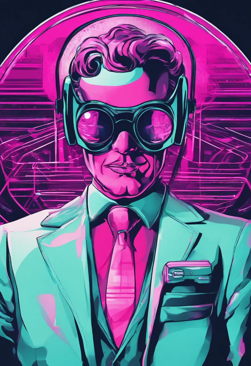 Talkshow host wearing a mask 80s synthwave styling