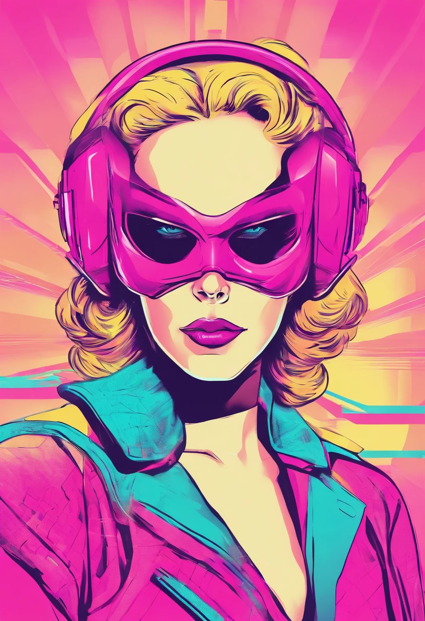 Talkshow host wearing a mask 80s synthwave styling