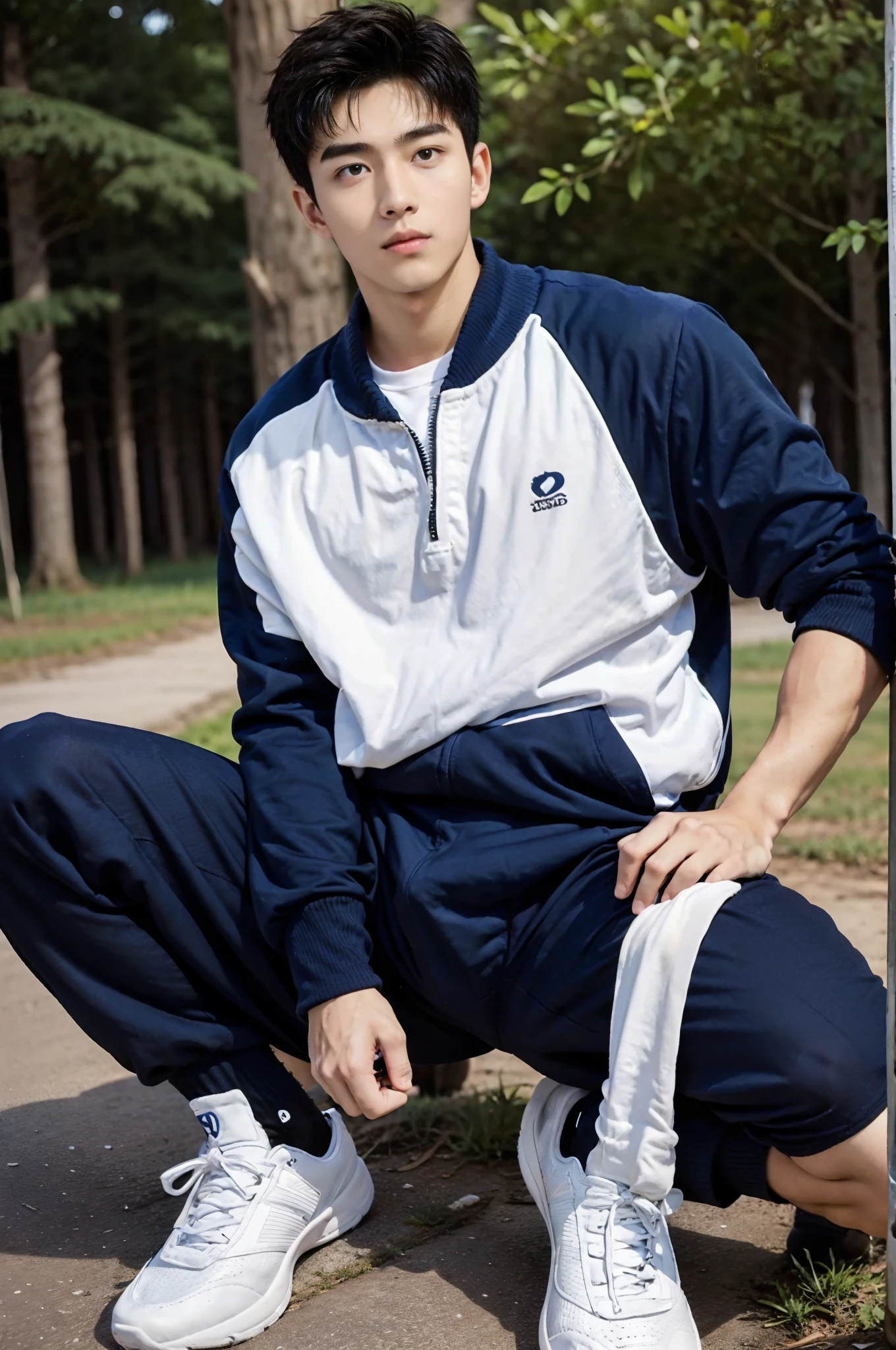 1 male high school student,16-,Comely,Handsome,Park trees,Play badminton,musculous,hairy bodies,athletic sneakers,White socks,Blue tracksuit(Detailed eyes:1.3),Black eyes,full bodyesbian,