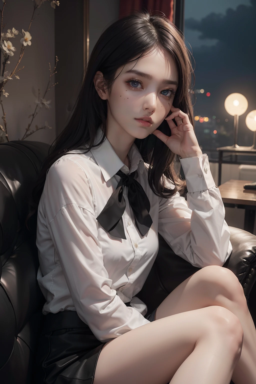 (Hyper-realistic), (Illustration), (High resolution), (8K), (Extremely detailed), (Best Illustration), Yol ( chain saw man ), (Beautiful detailed eyes), (Best Quality), (Ultra-detailed), (masutepiece), (Wallpaper), (Detailed face), Solo, Upper body, Focus on Face, 1 girl, Long Black Hair, Korean, Thin eyeshadow, A detailed eye, Brown eyes, Small moles under the eyes, very slender legs,Long sleeve shirt, Neckbow, Small breasts,Black leather shoes, Dynamic Pose, low illuminance, Night, Dark, Clouds, a dark night,sit on sofa,Drinking black tea,Happy,