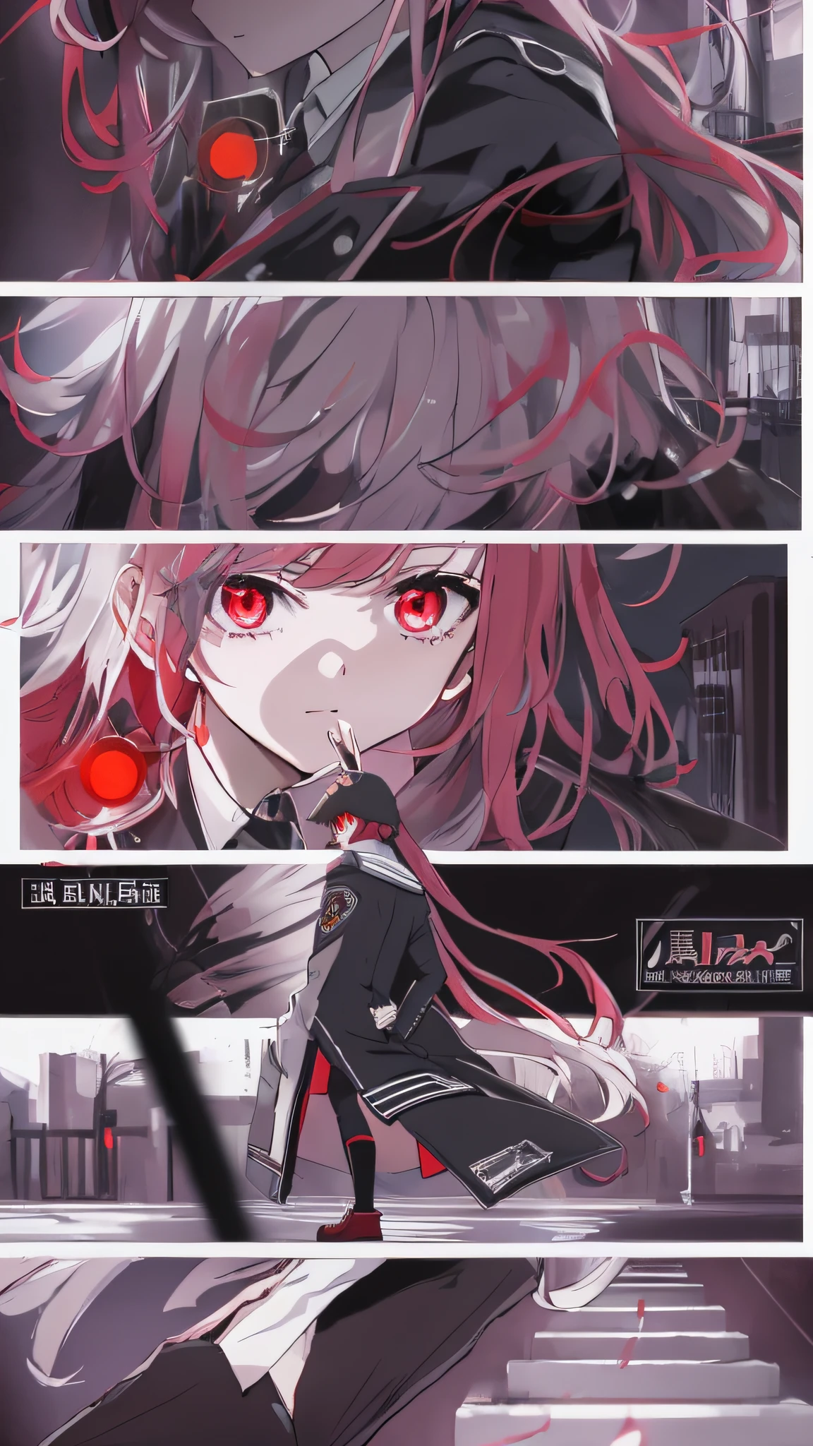 Anime shoujo，tmasterpiece，solo person，Black trench coat，Black knee-length socks，Red glowing eyes，whaite hair，flatchest，with hands behind her back，high - tech