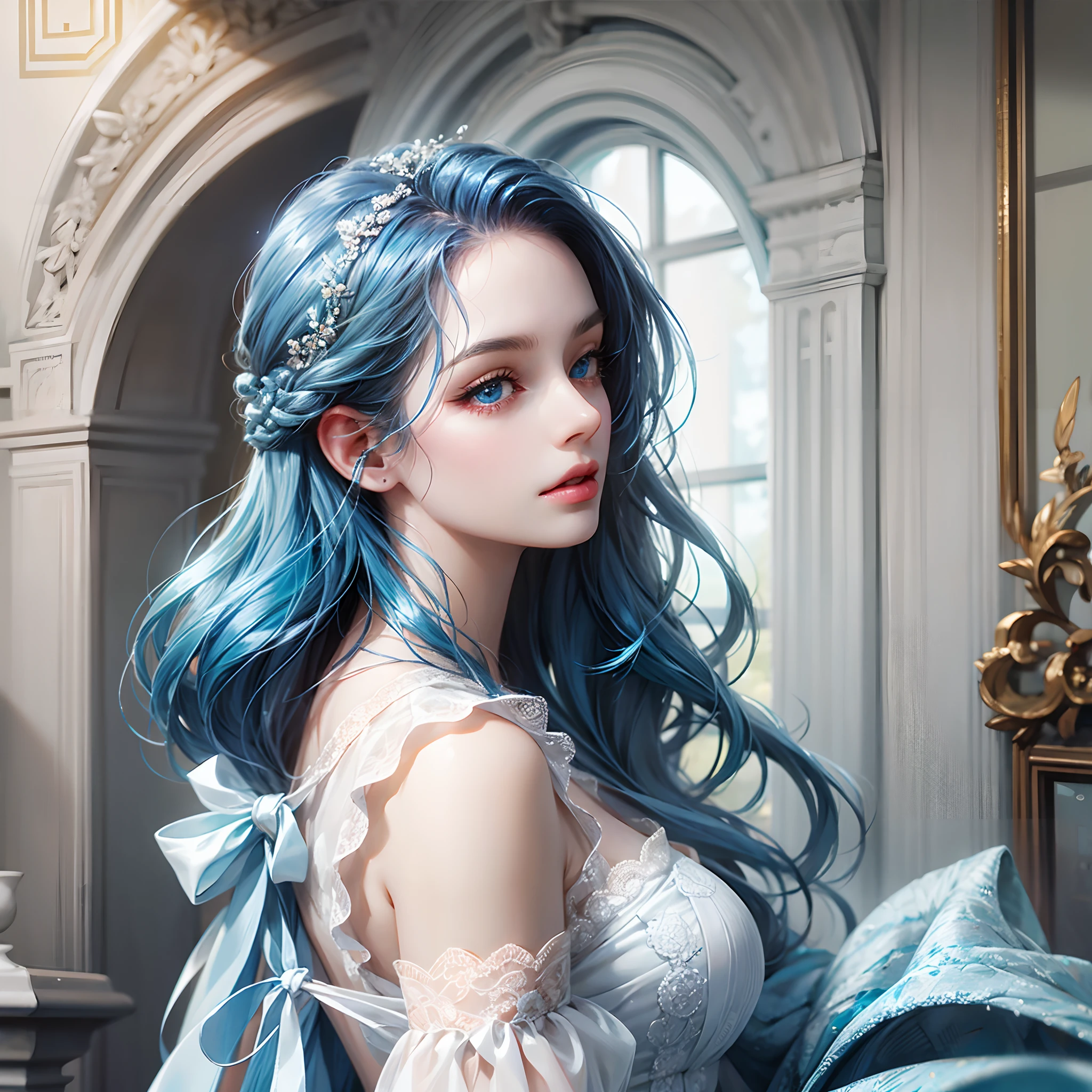 a women, blue hair, blue eyes, white dress