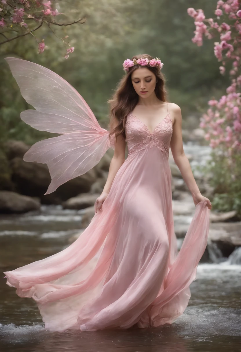 a fairy wing clear wings , long flowing hair, flowers as her crown, a long pink silk dress, standing by a slow flowing stream, in a fantasy setting