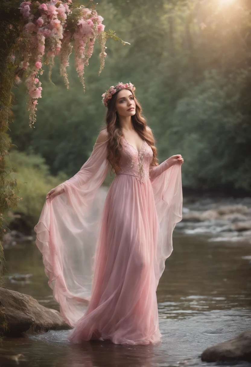a fairy wing clear wings , long flowing hair, flowers as her crown, a long pink silk dress, standing by a slow flowing stream, in a fantasy setting