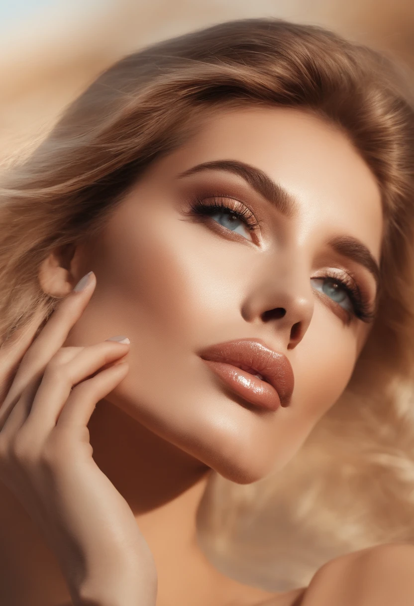 "Imaginez le visage d'une femme influenceuse contemporaine, 25 to 30 years old, that embodies beauty, la confiance et le style. Create an illustration of her face inspired by current makeup trends, de coiffure et de mode.  cheveux blond, photo de face
