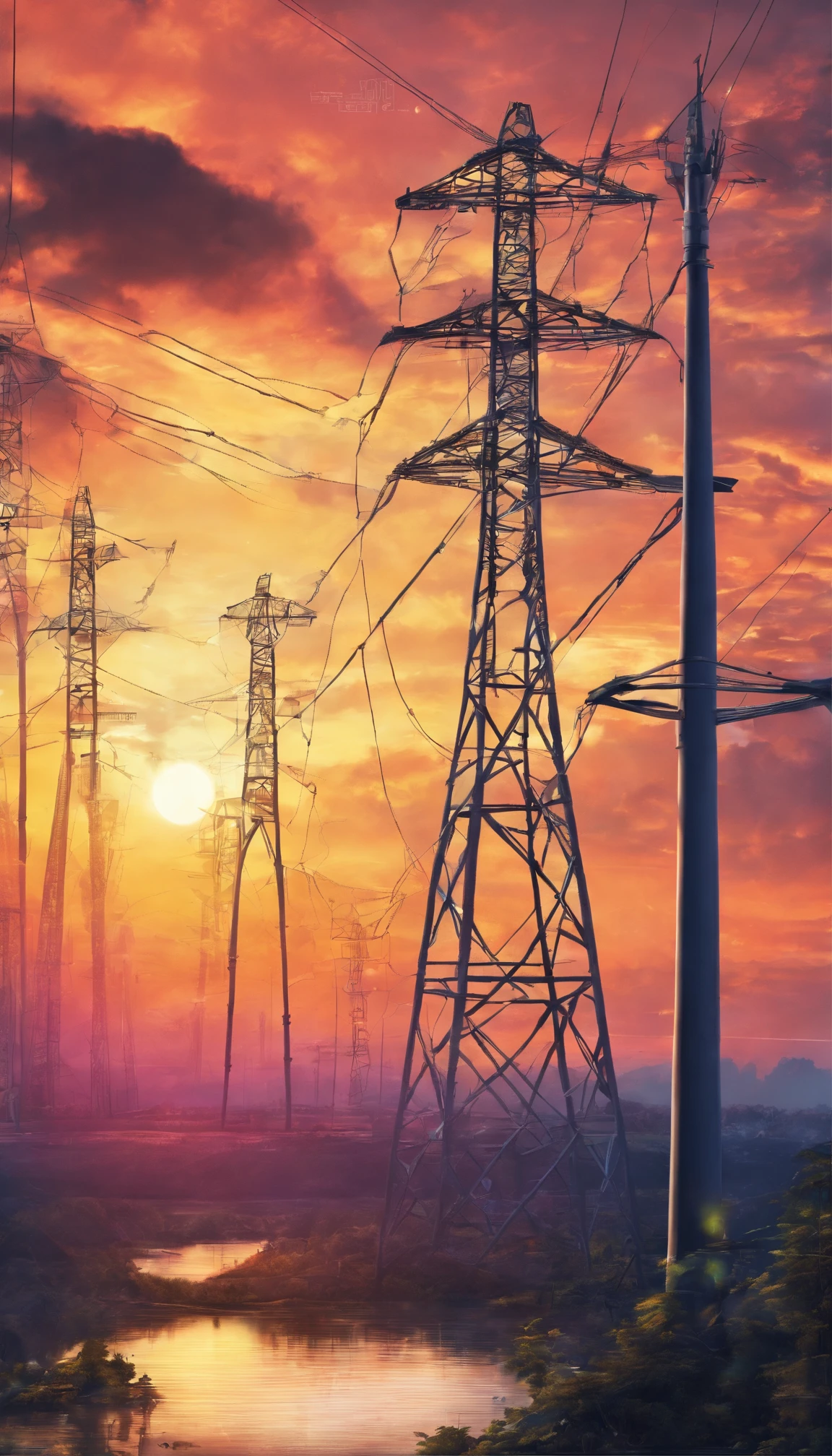 High voltage pole towers,the sunset