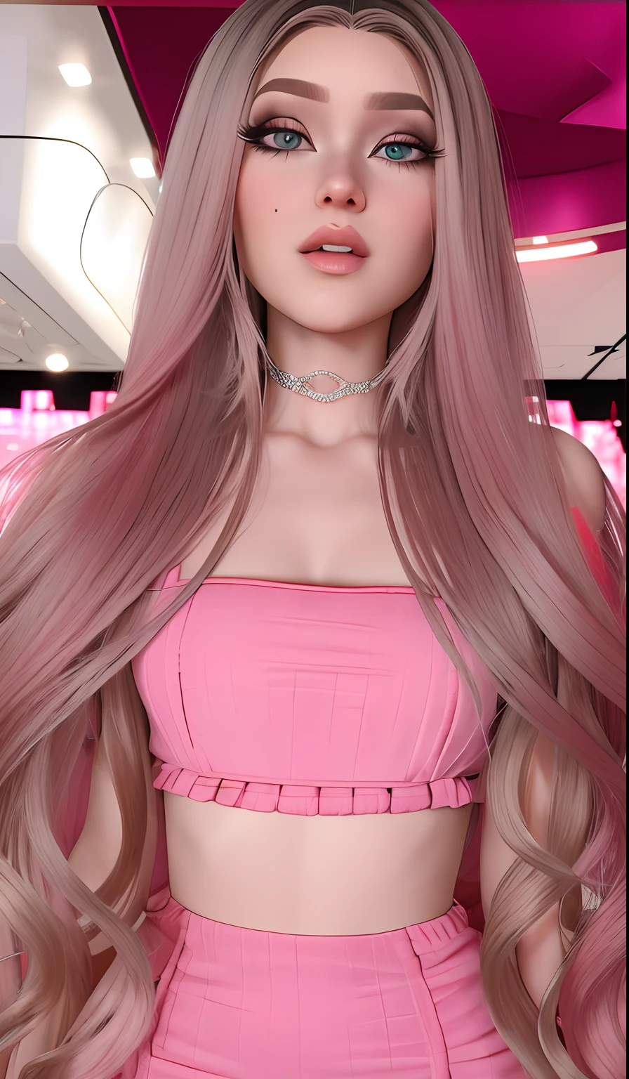 de cabelos loiros com cabelo longo e um vestido rosa, IMVU, cabelo liso rosa, Pele rosa, cabelo rosa wispy, close up tiro de meio corpo, cabelo rosa twintail e olhos cianos, Avatar do Second Life, long flowing pink hair, lblsck cabelo, ((Rosa)), long glowing ethereal hair, neck zoomed in from lips down,seios grandes