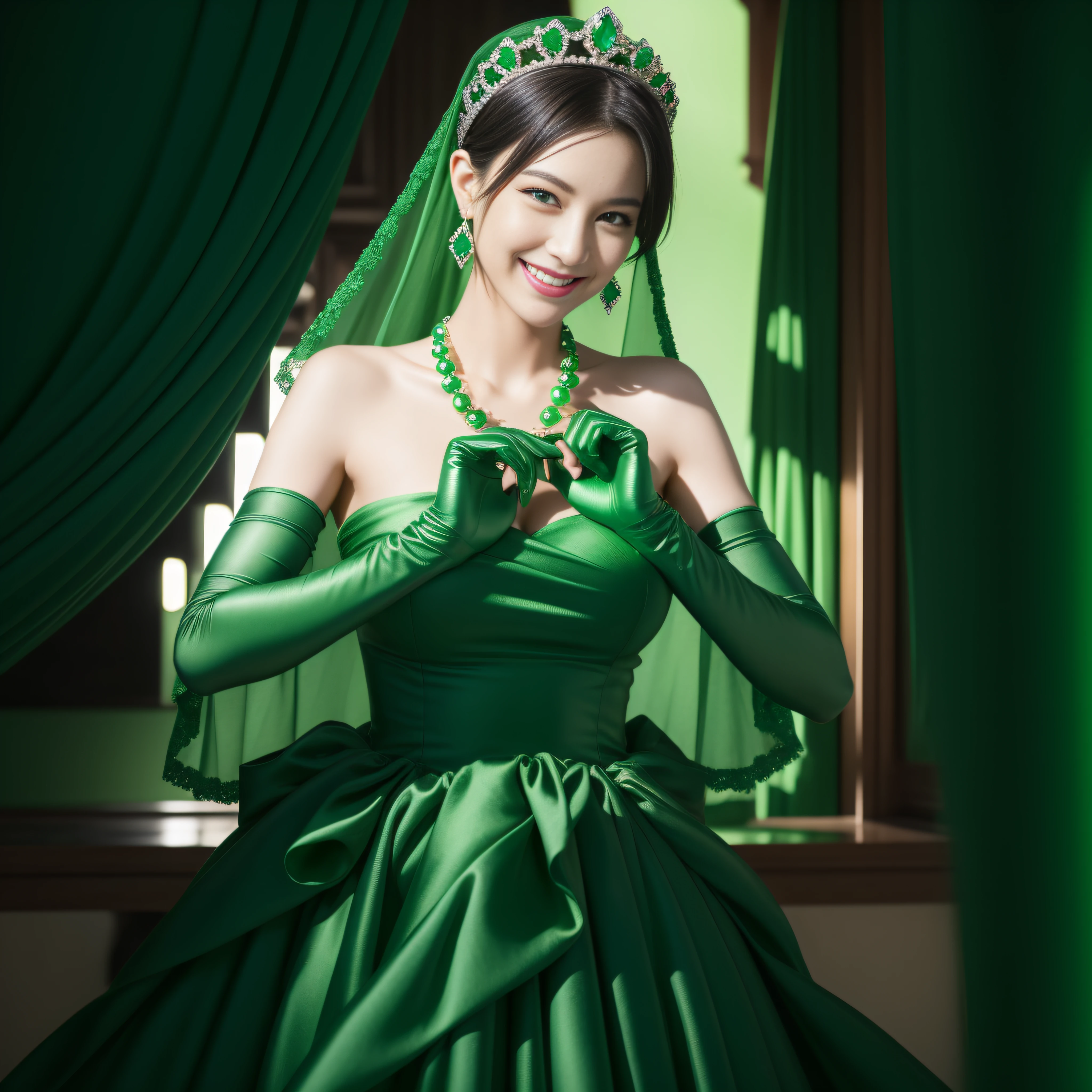 emerald tiara, Green Pearl Necklace, Boyish very short black hair, lipsticks, Japan woman smiling, very short short hair, big breasts beautiful, Green eyes, Long green gloves made of satin material, Green eyes, Emerald Earrings, green vale, Heart with both hands