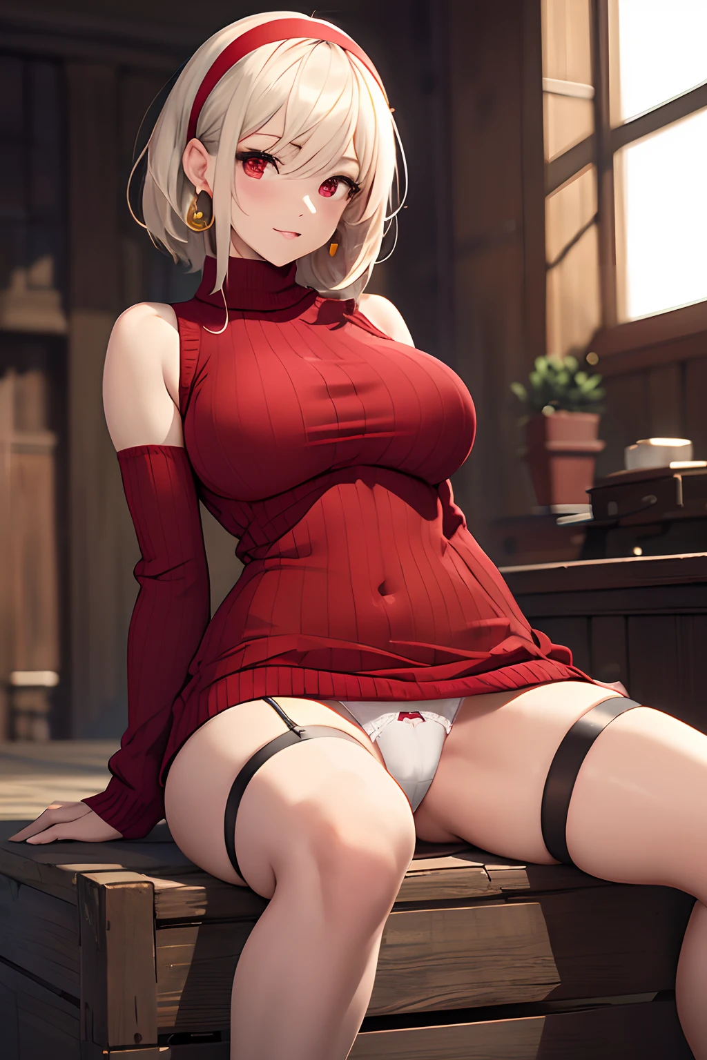 (Highly detailed), Best Quality, masutepiece, Best Quality, hight resolution, Bjorf, (Jolfager lifting her skirt and sitting: 2), (leg spreading: 1.3), short hair with long locks, white hairband, Red Eyes, Gold Earrings, Large breasts, Jewelry, off shoulders, (Red Sweater: 1.5), (Red Sweater Dress: 1.5), Long sleeves, Black stockings, Full body, (up skirt: 2), (White panties: 3), (Visible panties: 2), (Full body: 1.3), (Colossal tits: 1.5), (lift up her skirt: 2), (Full body: 1.3), Realistic