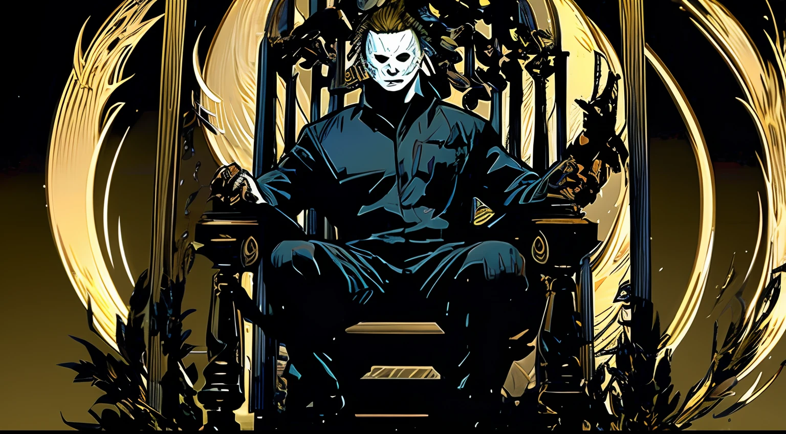 Michael Myers, all powerful, on a throne, mortal Kombat tower ending style