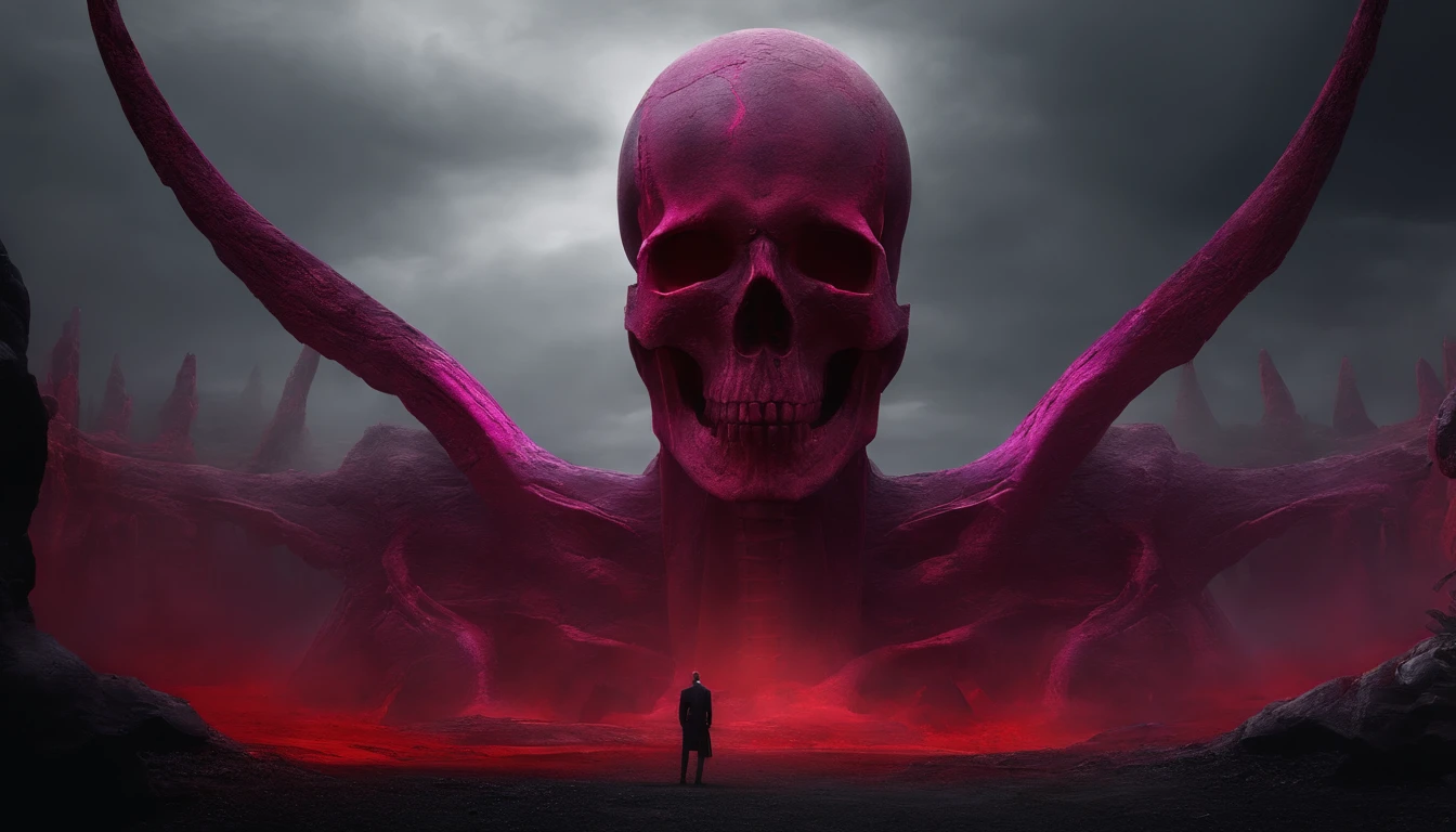Skeleton Creature, monolith, Obsidian rectangle, Apocalypse、 magenta、 surrealism, Futuristic ,Satan, sorcerer, Abstract, Dark, Red, Hell, landscape
