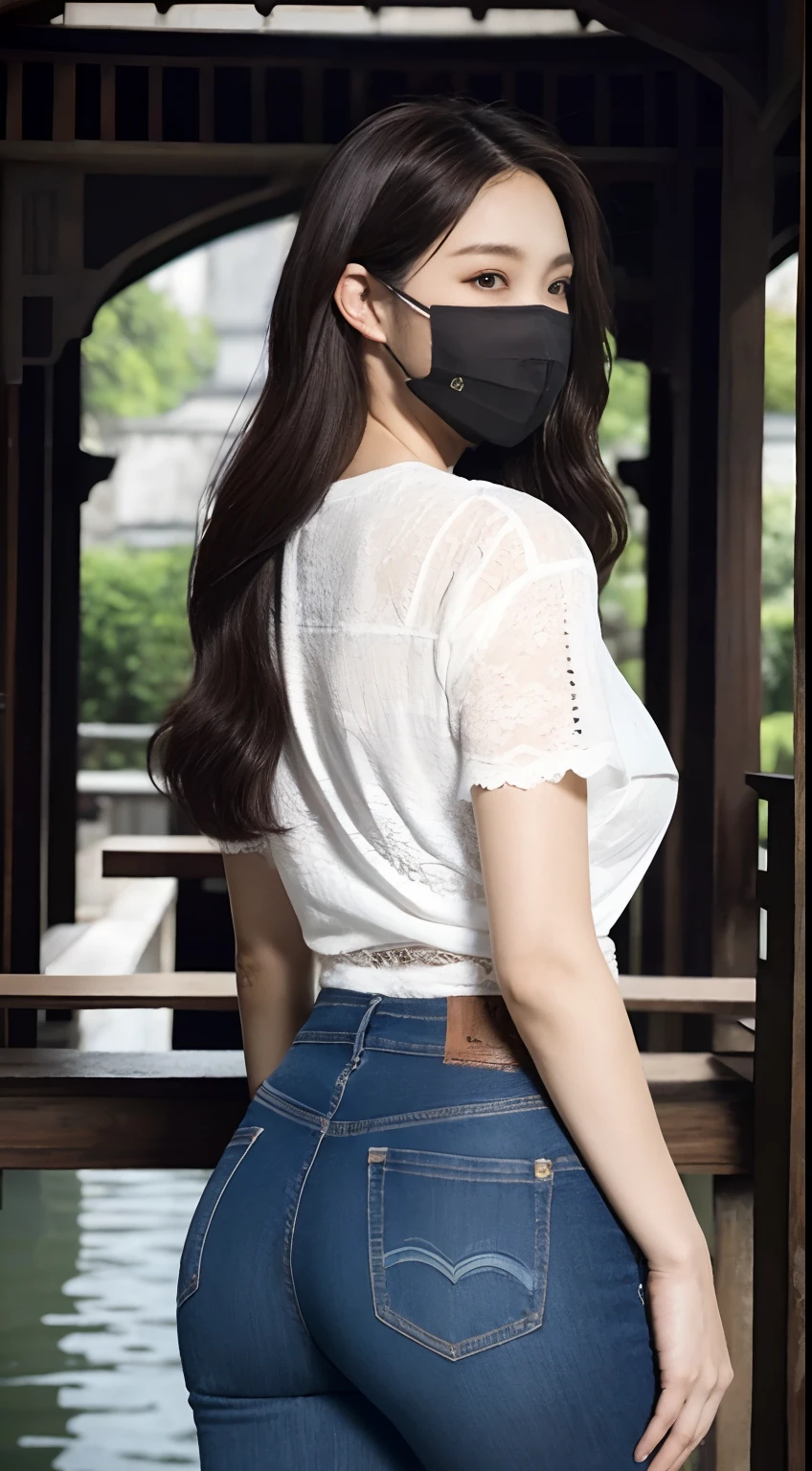 wear tight jeans，Tall guy，White lace T-shirt，Plump buttocks，Full breasts，Realistic faces，largeeyes，detail-rich，mano，skin textures, Whiten skin，cabelos preto e longos，The back is charming，Wearing a black mask，In Wuzhen